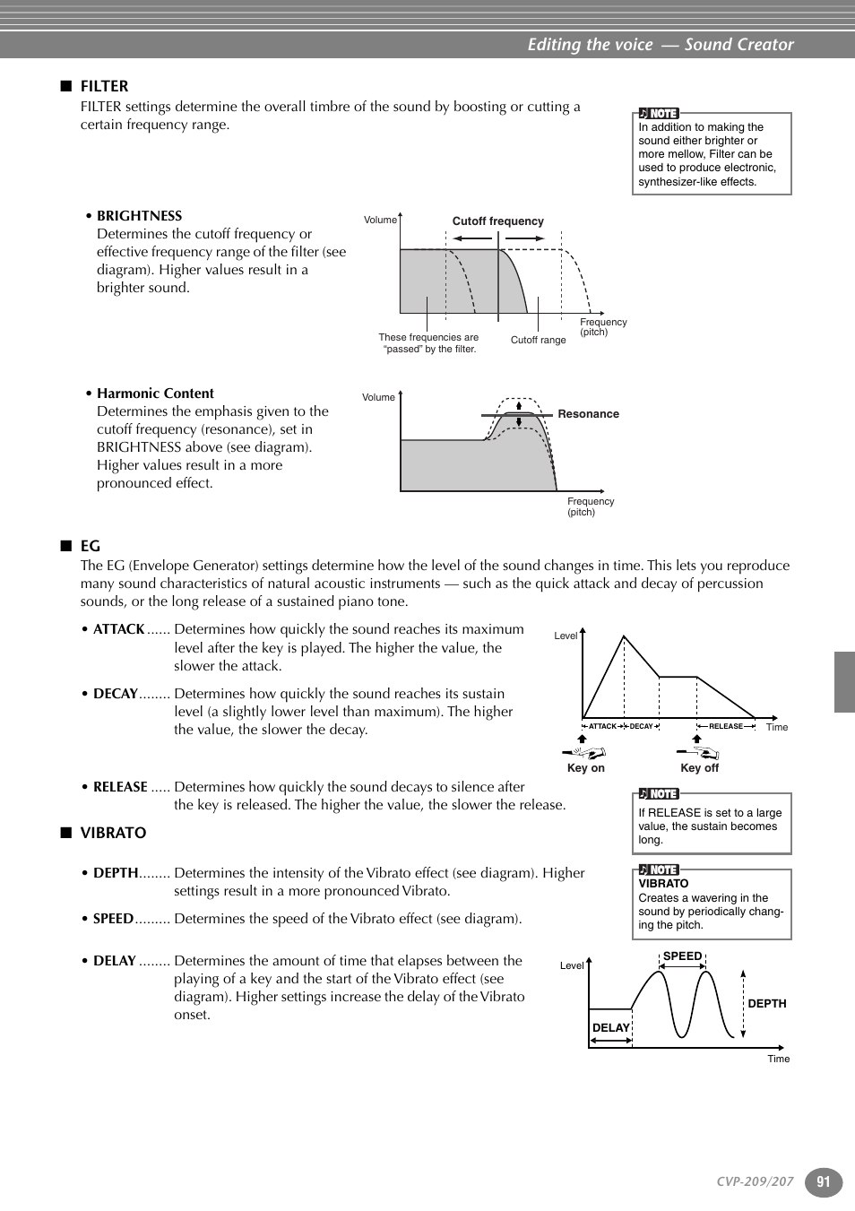 Filter, Vibrato, Editing the voice — sound creator | Yamaha CVP-207  EN User Manual | Page 91 / 176