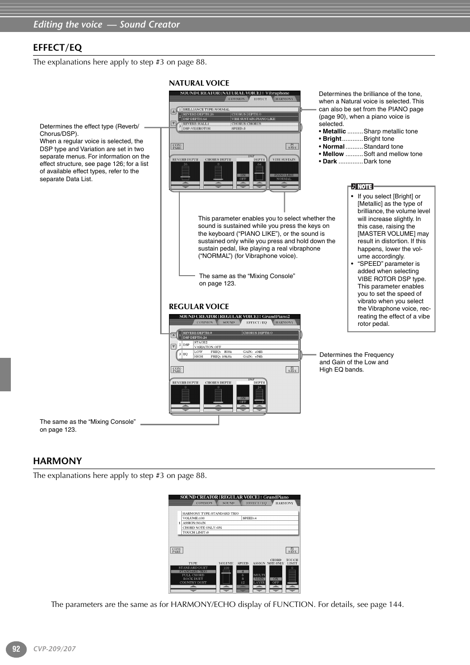 Effect/eq, Harmony, Editing the voice — sound creator | Yamaha CVP-207  EN User Manual | Page 92 / 176
