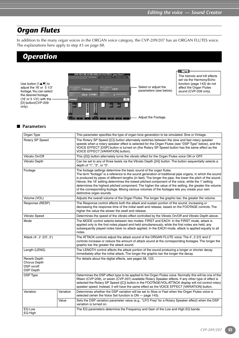 Organ flutes, Operation, Parameters | Organ flutes operation, Editing the voice — sound creator | Yamaha CVP-207  EN User Manual | Page 93 / 176