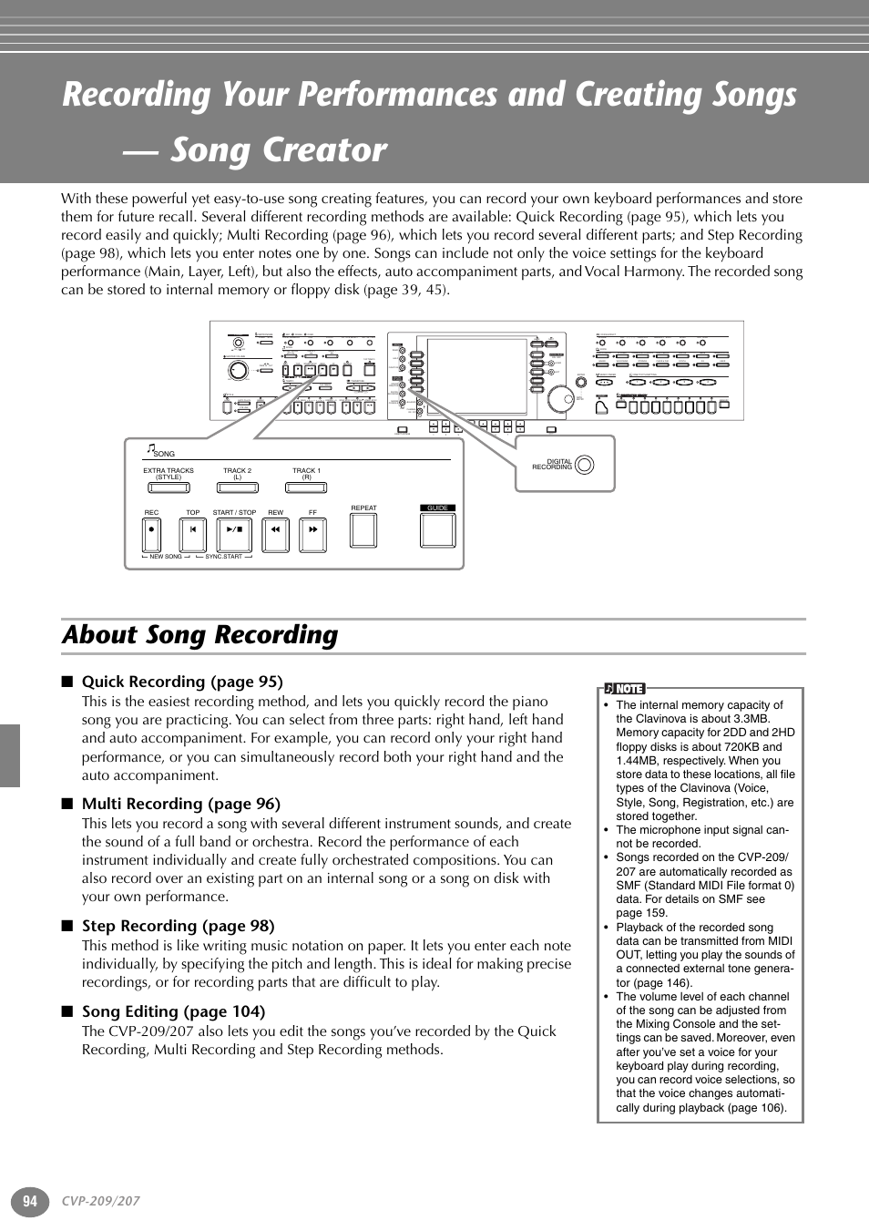 About song recording, P. 94, Quick recording (page 95) | Multi recording (page 96), Step recording (page 98), Song editing (page 104), Min max, Part, Style l r, Reset | Yamaha CVP-207  EN User Manual | Page 94 / 176