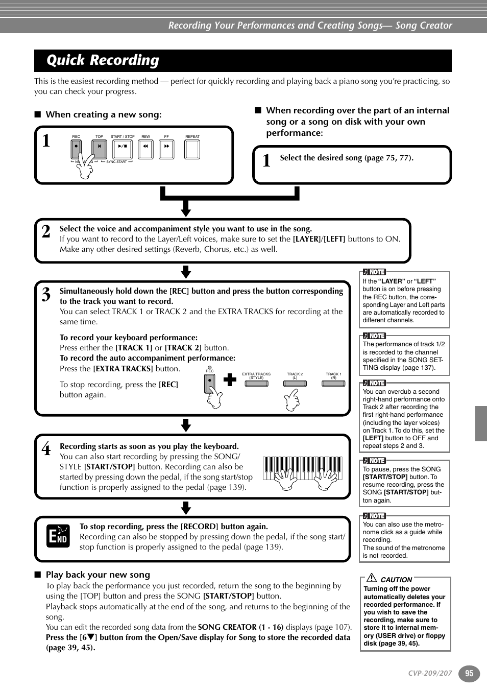 Quick recording, When creating a new song, Play back your new song | Yamaha CVP-207  EN User Manual | Page 95 / 176