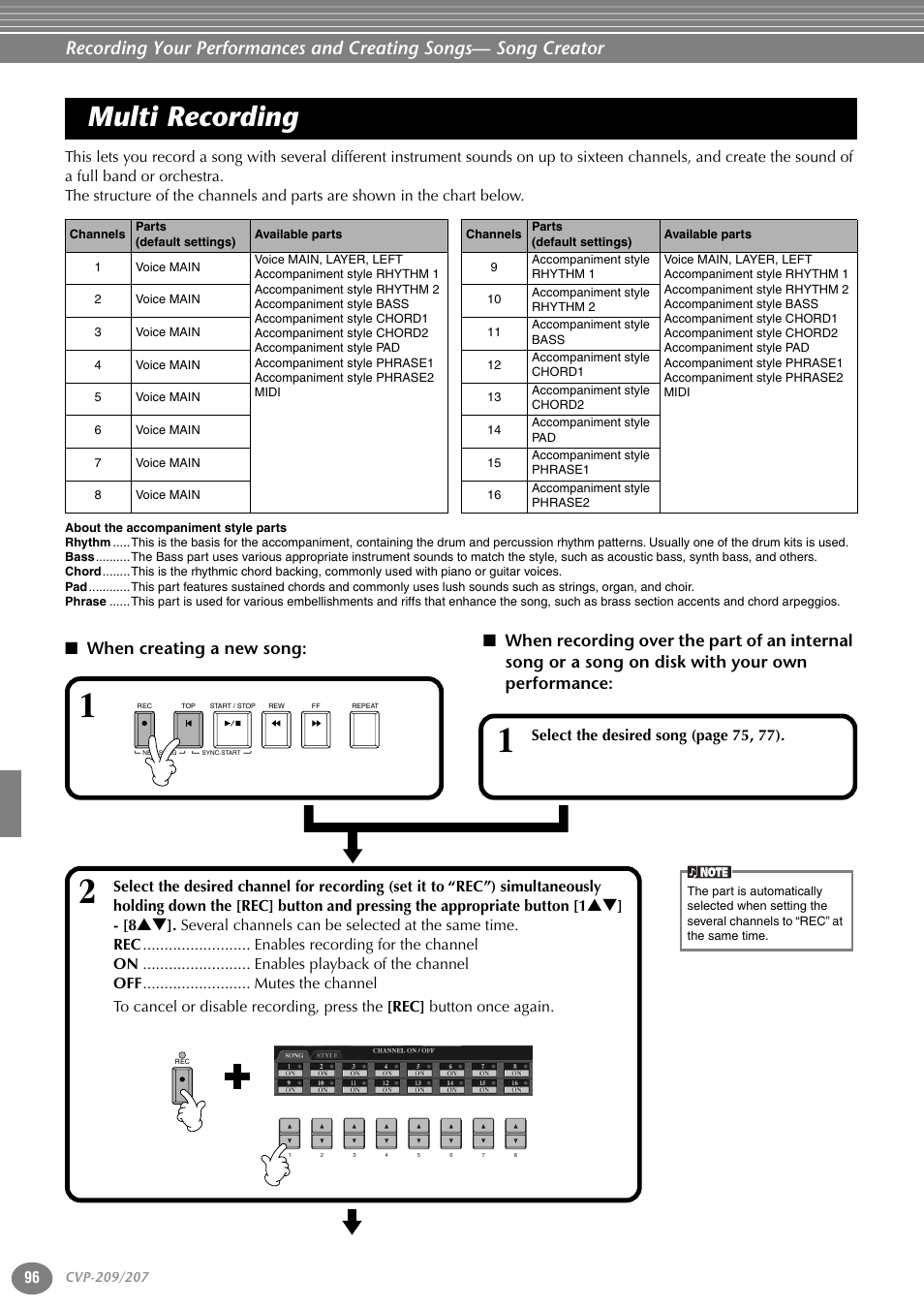Multi recording, When creating a new song | Yamaha CVP-207  EN User Manual | Page 96 / 176