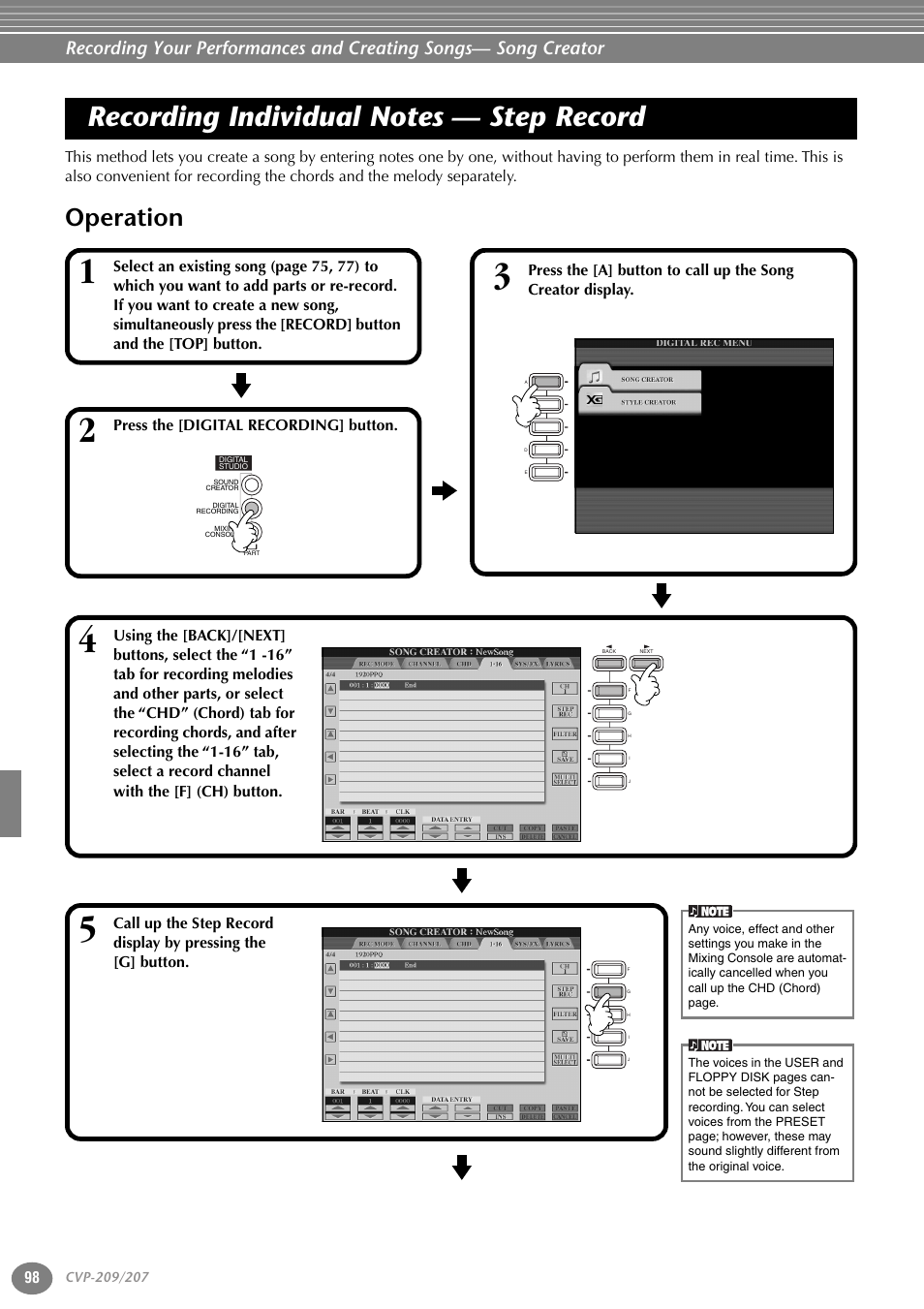 Recording individual notes — step record, Operation, Press the [digital recording] button | Yamaha CVP-207  EN User Manual | Page 98 / 176