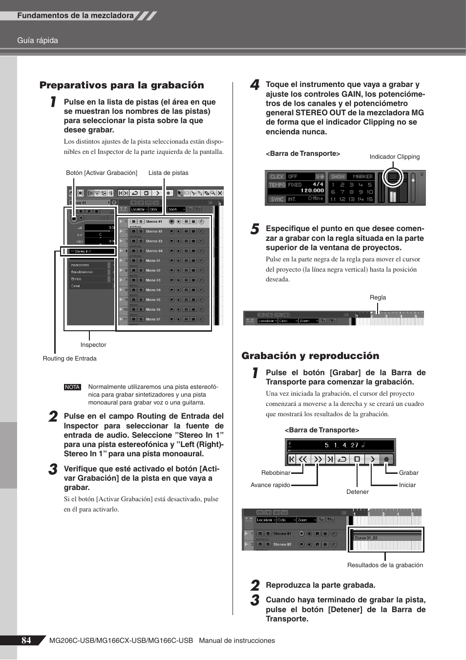 Preparativos para la grabación, Grabación y reproducción | Yamaha MG166C-USB User Manual | Page 12 / 37