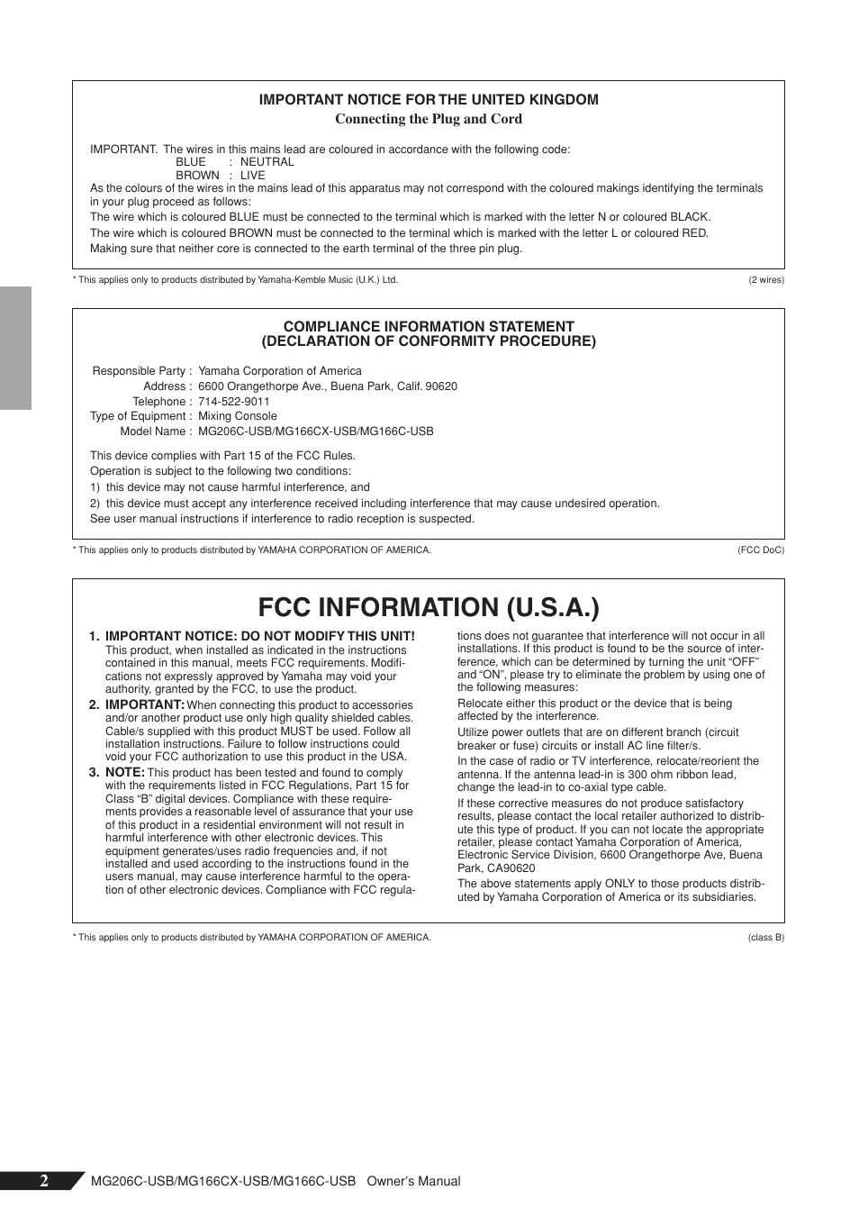 Fcc information (u.s.a.) | Yamaha MG166C-USB User Manual | Page 2 / 37
