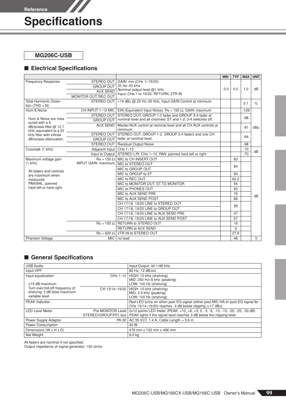 Specifications, Electrical specifications ■ general specifications, Mg206c-usb | Reference | Yamaha MG166C-USB User Manual | Page 27 / 37