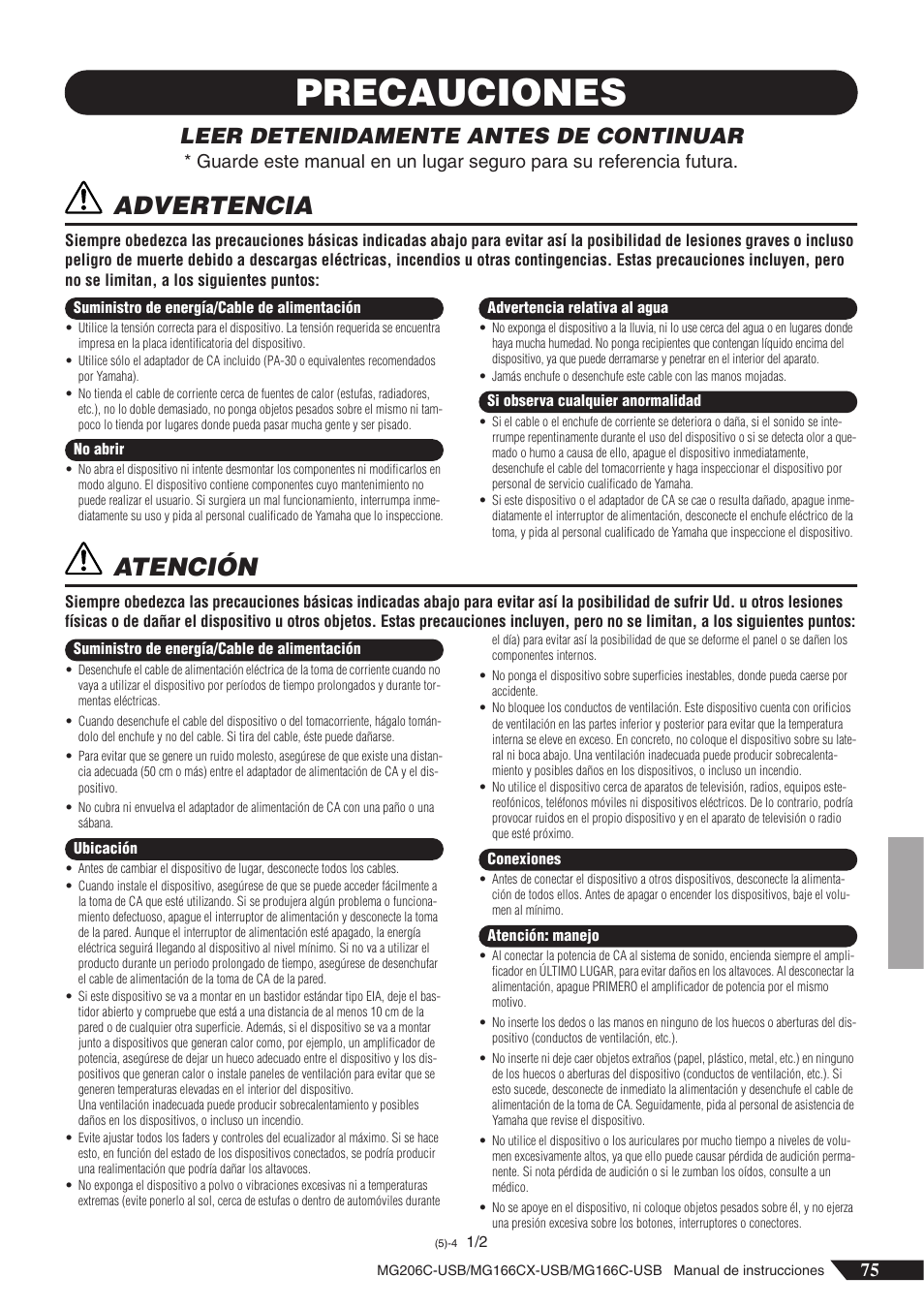 Precauciones, Advertencia, Atención | Leer detenidamente antes de continuar | Yamaha MG166C-USB User Manual | Page 3 / 37