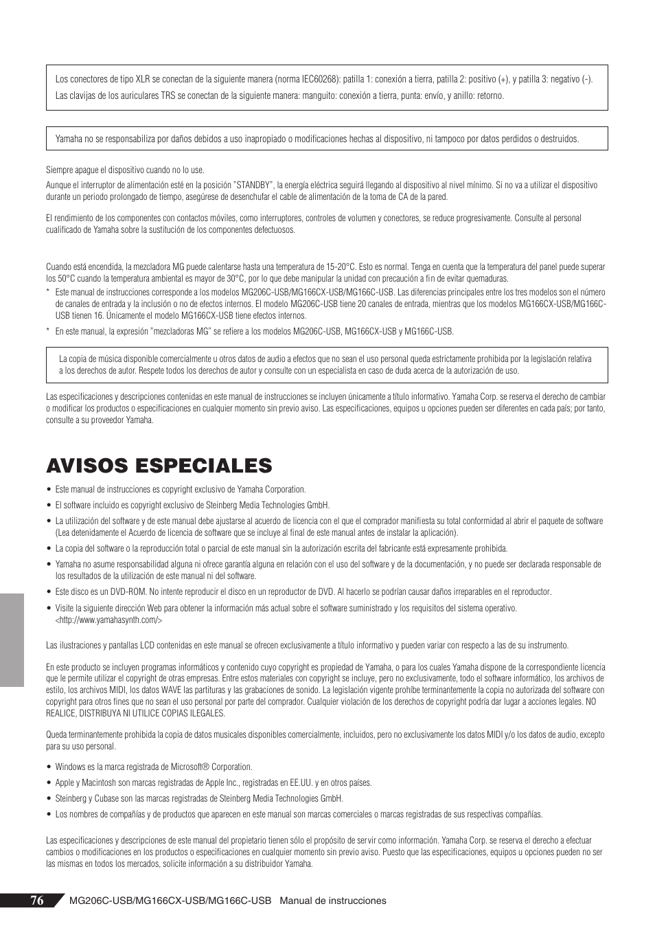 Avisos especiales | Yamaha MG166C-USB User Manual | Page 4 / 37