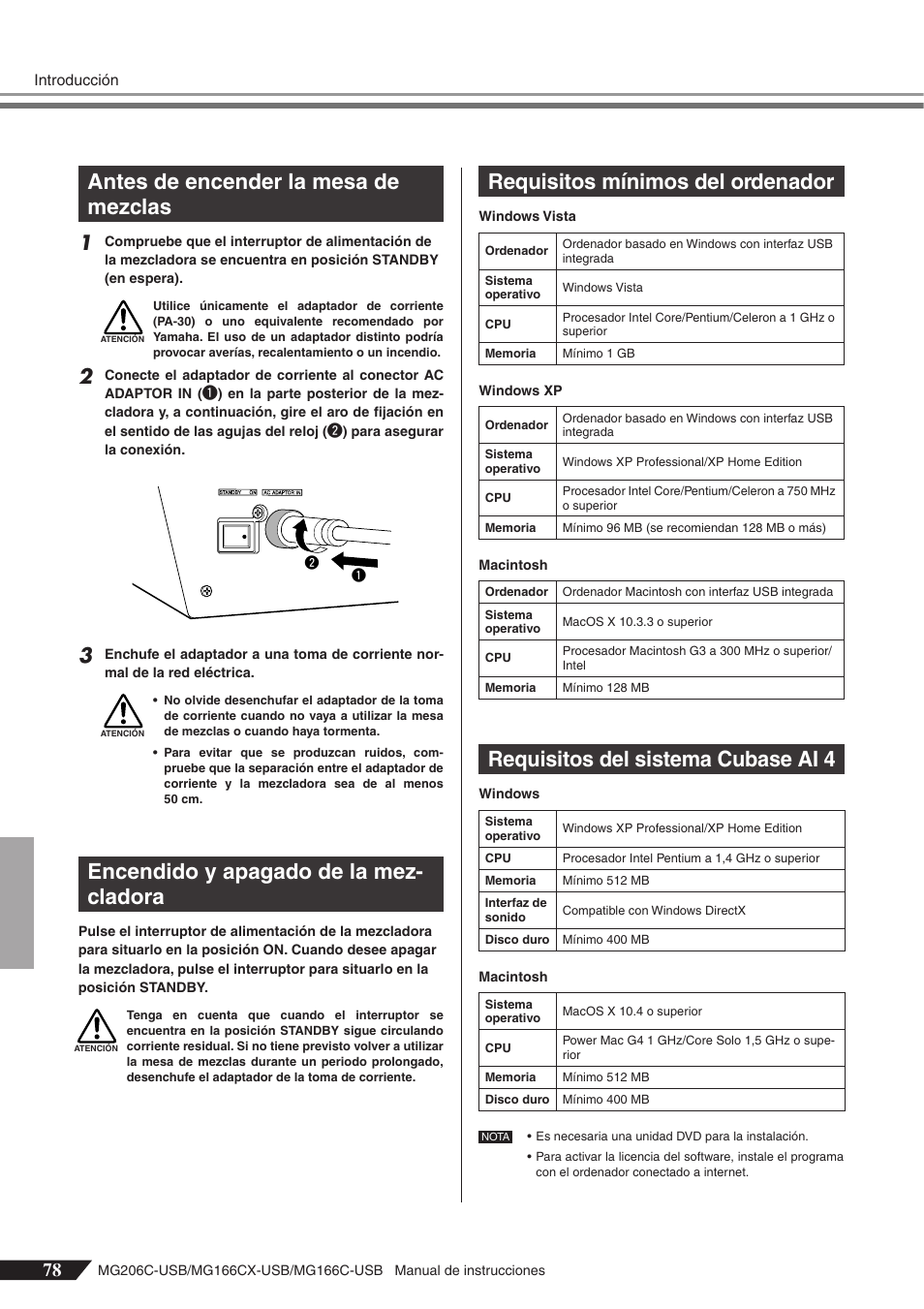 Antes de encender la mesa demezclas, Encendido y apagado de la mezcladora, Requisitos mínimos del ordenador | Requisitos del sistema cubase ai 4, Antes de encender la mesa de mezclas | Yamaha MG166C-USB User Manual | Page 6 / 37