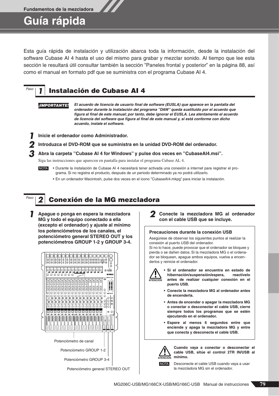 Fundamentos de la mezcladora, Guía rápida, Instalación de cubase ai 4 | Conexión de la mg mezcladora | Yamaha MG166C-USB User Manual | Page 7 / 37