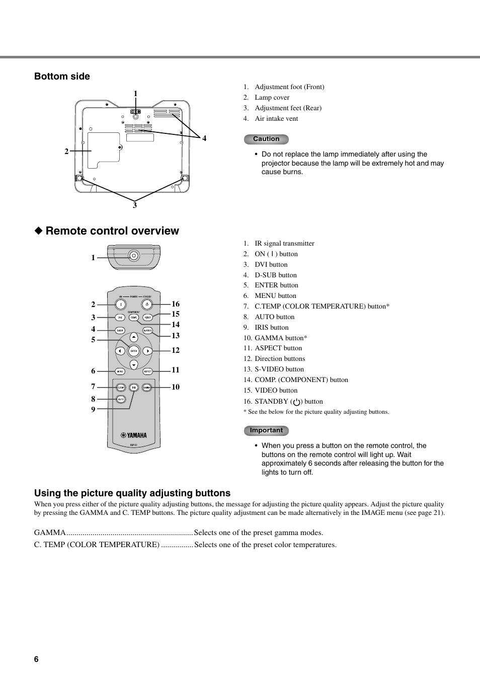 Remote control overview, Using the picture quality adjusting buttons, Bottom side | Yamaha DPX-530 User Manual | Page 10 / 42