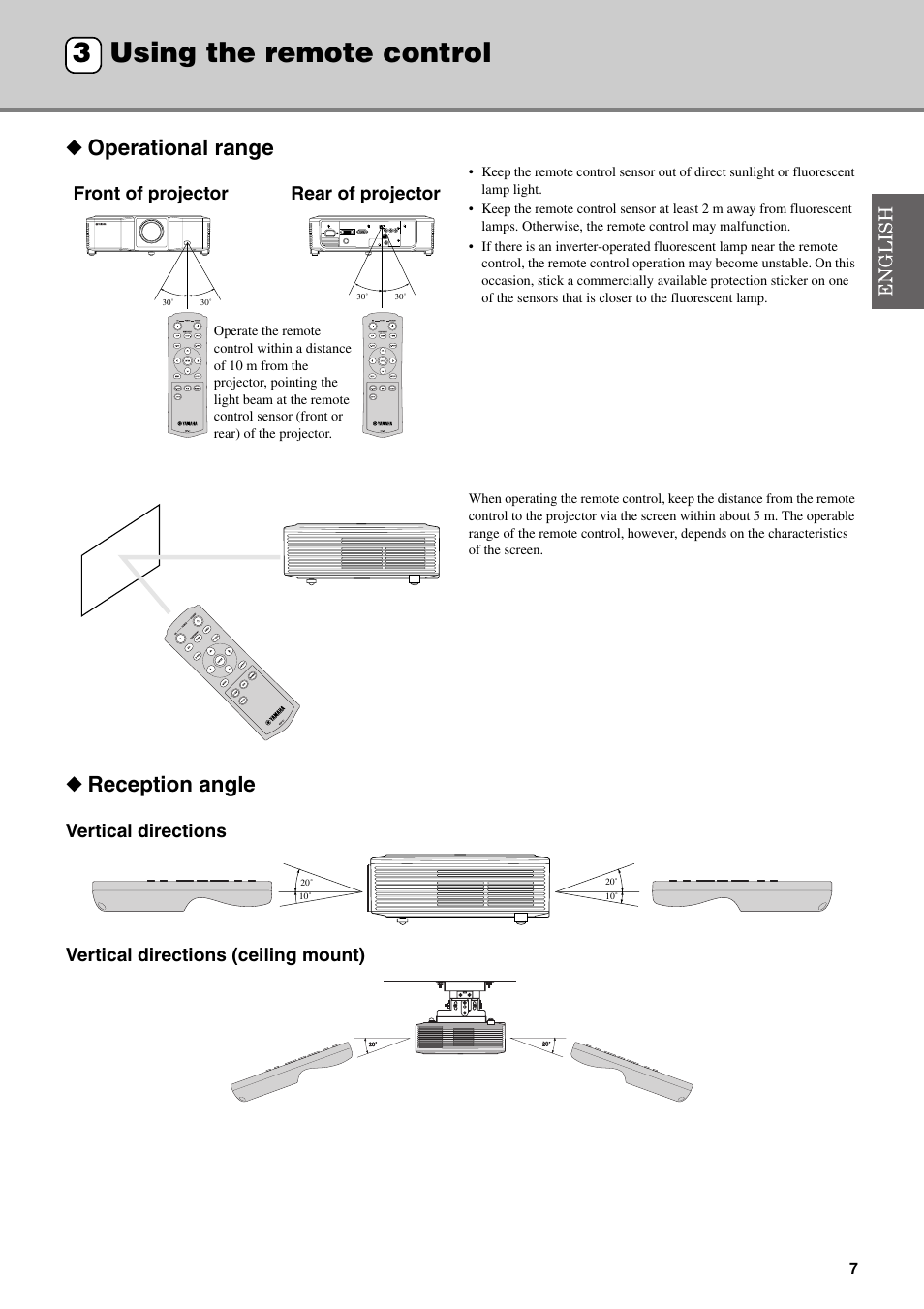 Using the remote control, Operational range, Reception angle | 3 using the remote control, Operational range reception angle, Using the remote control 3, Front of projector rear of projector | Yamaha DPX-530 User Manual | Page 11 / 42