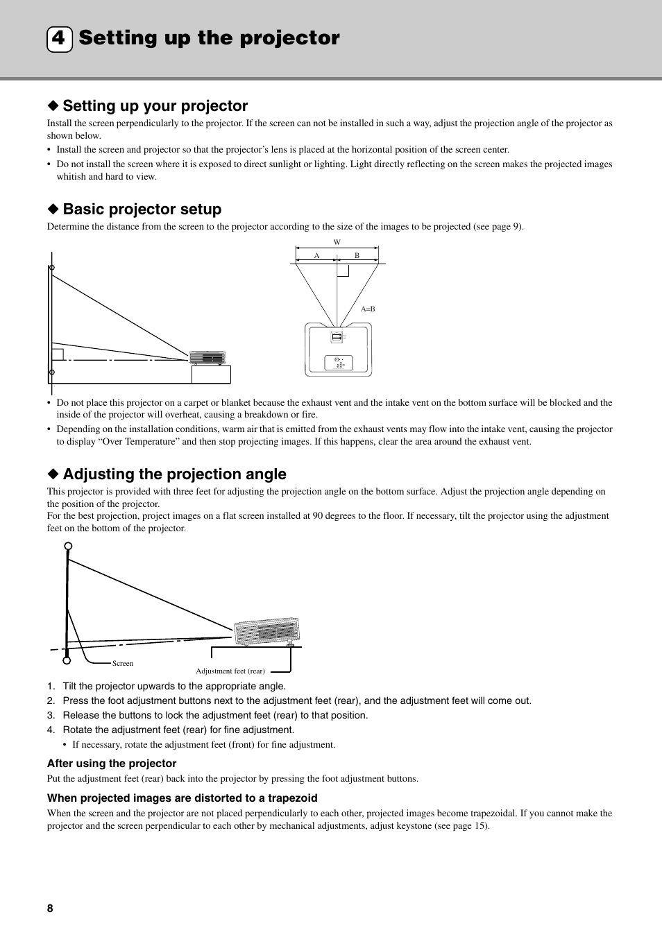 Setting up the projector, Setting up your projector, Basic projector setup | Adjusting the projection angle, 4 setting up the projector, Setting up the projector 4 | Yamaha DPX-530 User Manual | Page 12 / 42