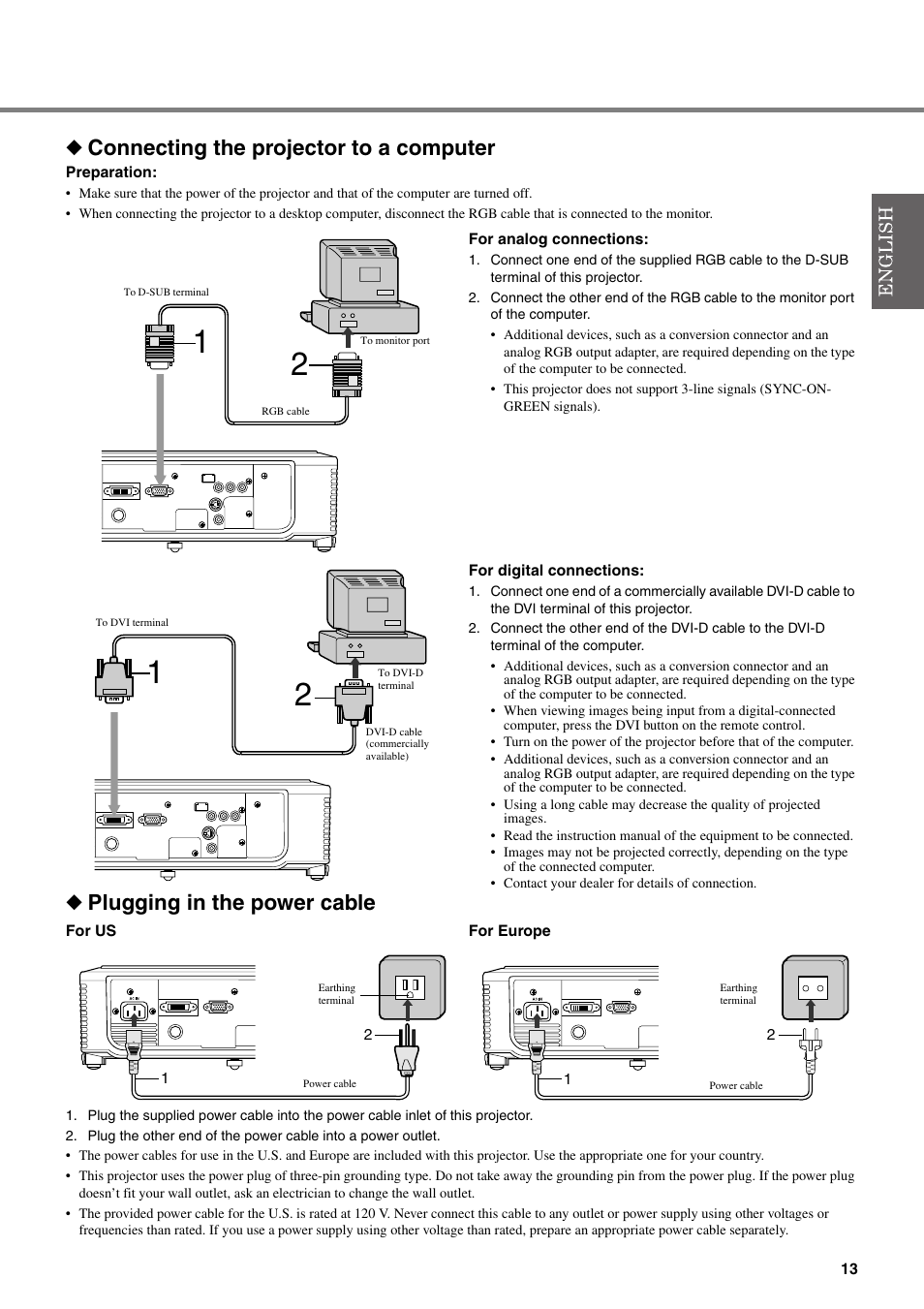 Connecting the projector to a computer, Plugging in the power cable | Yamaha DPX-530 User Manual | Page 17 / 42