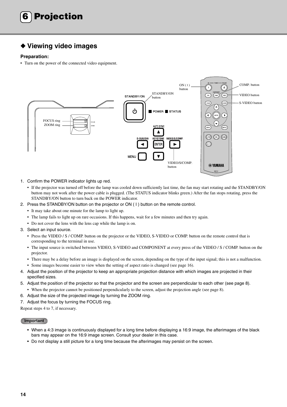 Projection, Viewing video images, 6 projection | Projection 6 | Yamaha DPX-530 User Manual | Page 18 / 42