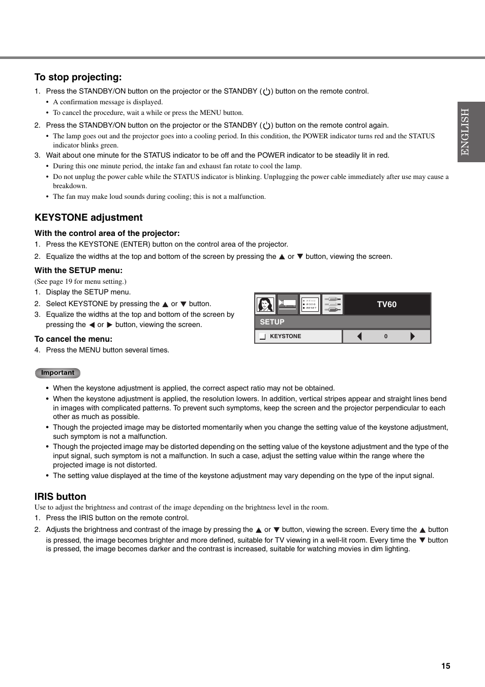 To stop projecting, Keystone adjustment, Iris button | Yamaha DPX-530 User Manual | Page 19 / 42