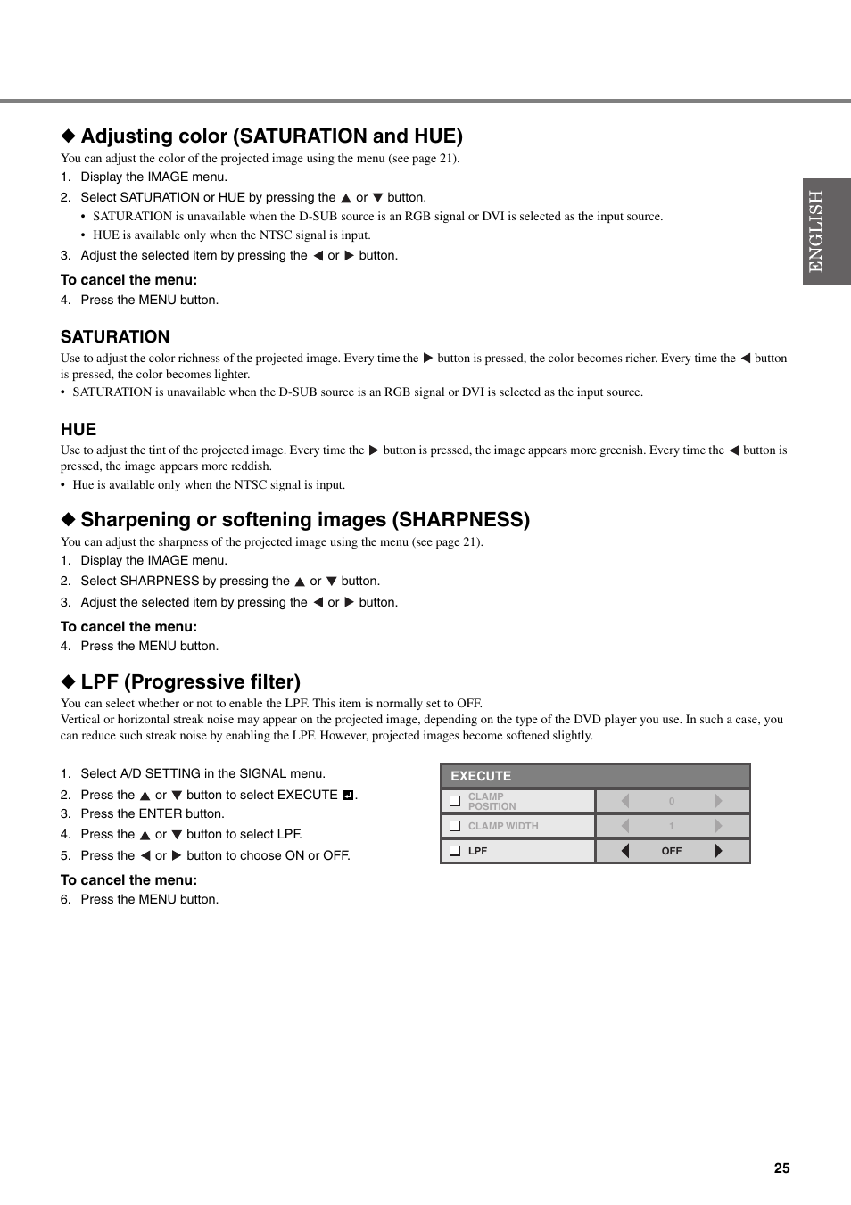 Adjusting color (saturation and hue), Saturation, Sharpening or softening images (sharpness) | Lpf (progressive filter), 9 memory function | Yamaha DPX-530 User Manual | Page 29 / 42