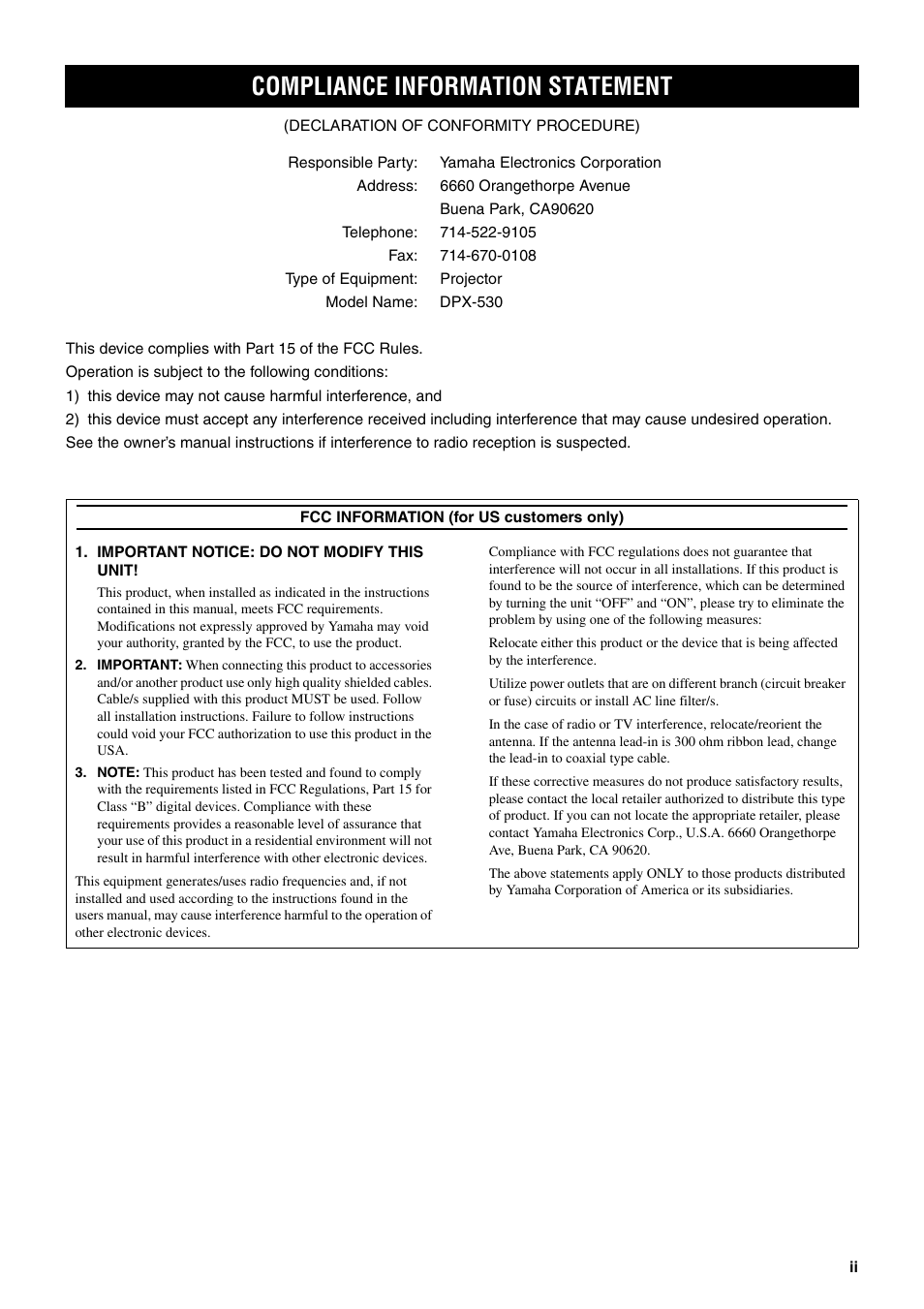 Compliance information statement | Yamaha DPX-530 User Manual | Page 3 / 42