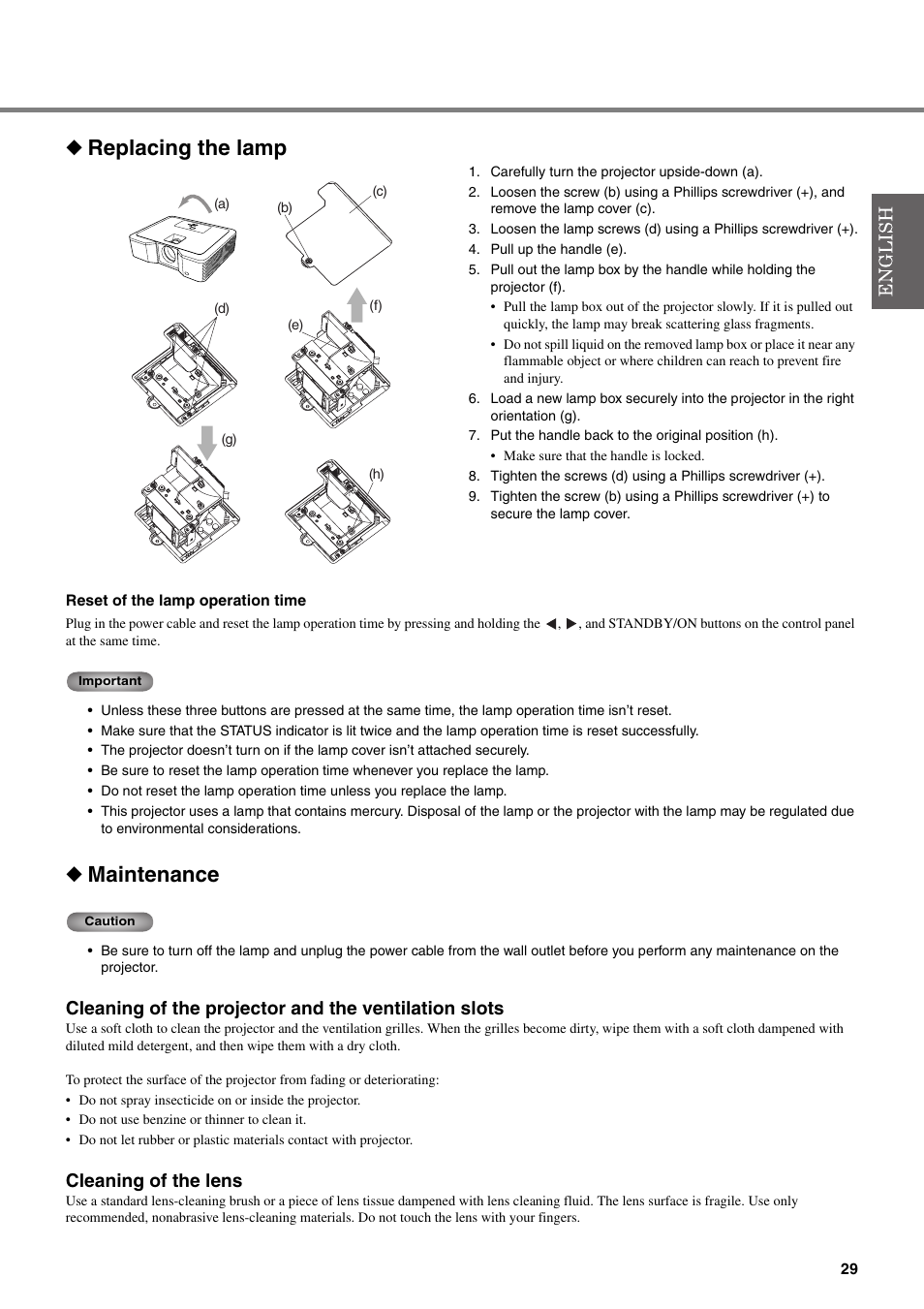 Replacing the lamp, Maintenance, 13 attaching a lens filter and cap 30 | Cleaning of the lens | Yamaha DPX-530 User Manual | Page 33 / 42