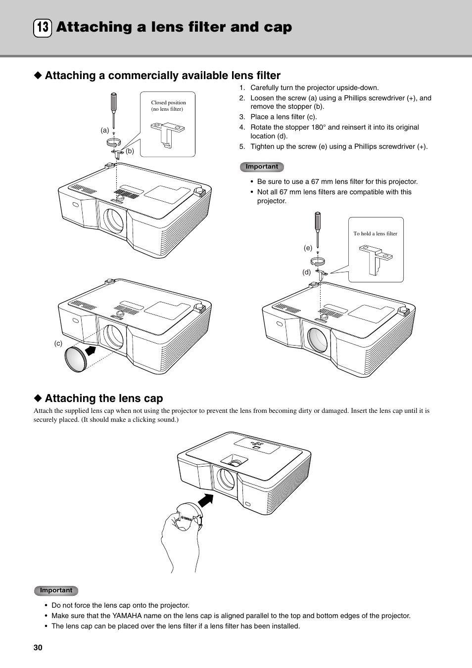 Attaching a lens filter and cap, Attaching a commercially available lens filter, Attaching the lens cap | 14 troubleshooting, Attaching a lens filter and cap 13 | Yamaha DPX-530 User Manual | Page 34 / 42