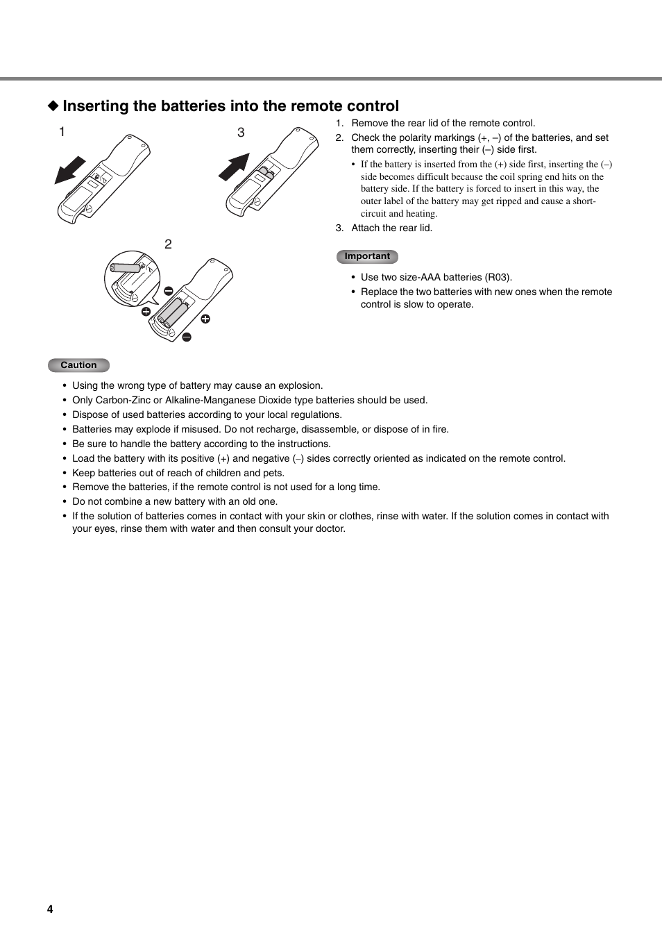 Inserting the batteries into the remote control | Yamaha DPX-530 User Manual | Page 8 / 42