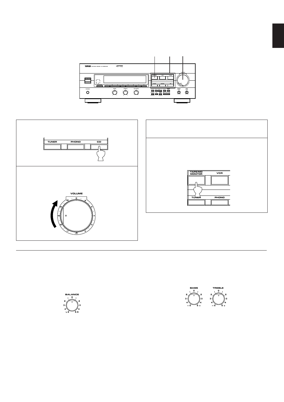 Adjusting the balance control, Adjusting the bass and treble controls, English | Select the source to be recorded, Man'l/auto fm, Auto/man'l mono | Yamaha R-V303 User Manual | Page 21 / 32
