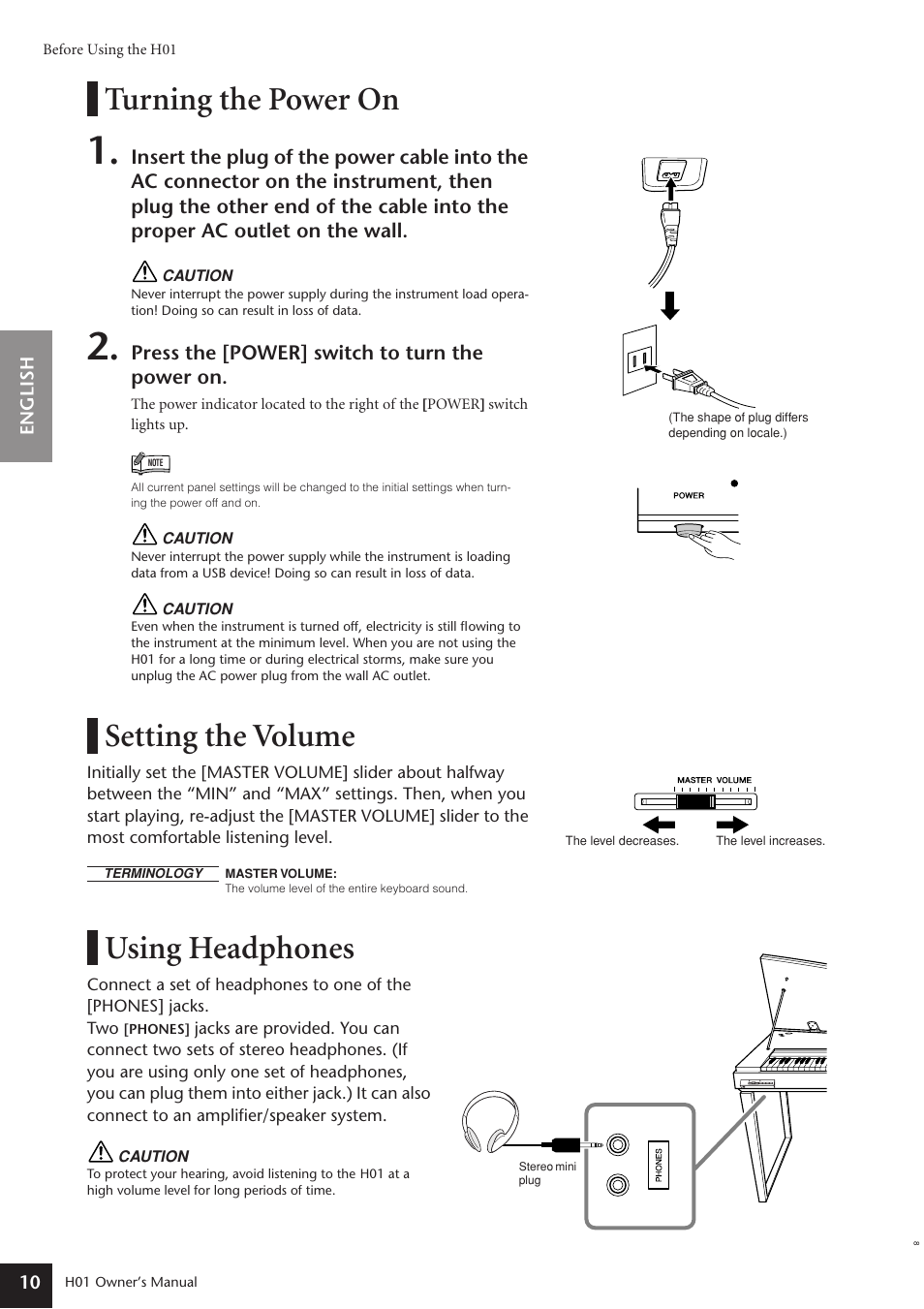 Turning the power on, Setting the volume, Using headphones | Yamaha H01 User Manual | Page 10 / 30