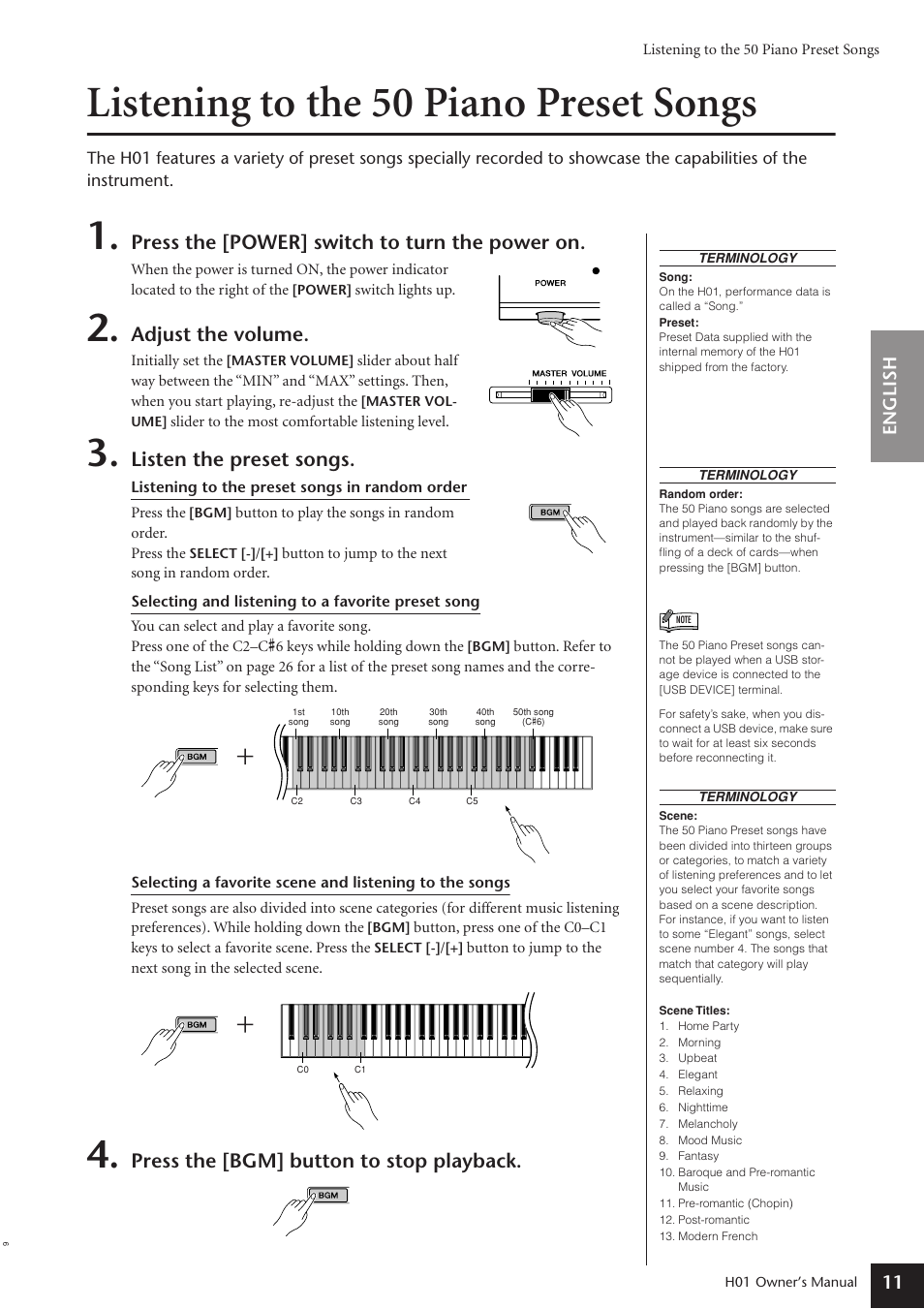 Reference, Listening to the 50 piano preset songs, Press the [power] switch to turn the power on | Adjust the volume, Listen the preset songs, Press the [bgm] button to stop playback, English 11 | Yamaha H01 User Manual | Page 11 / 30