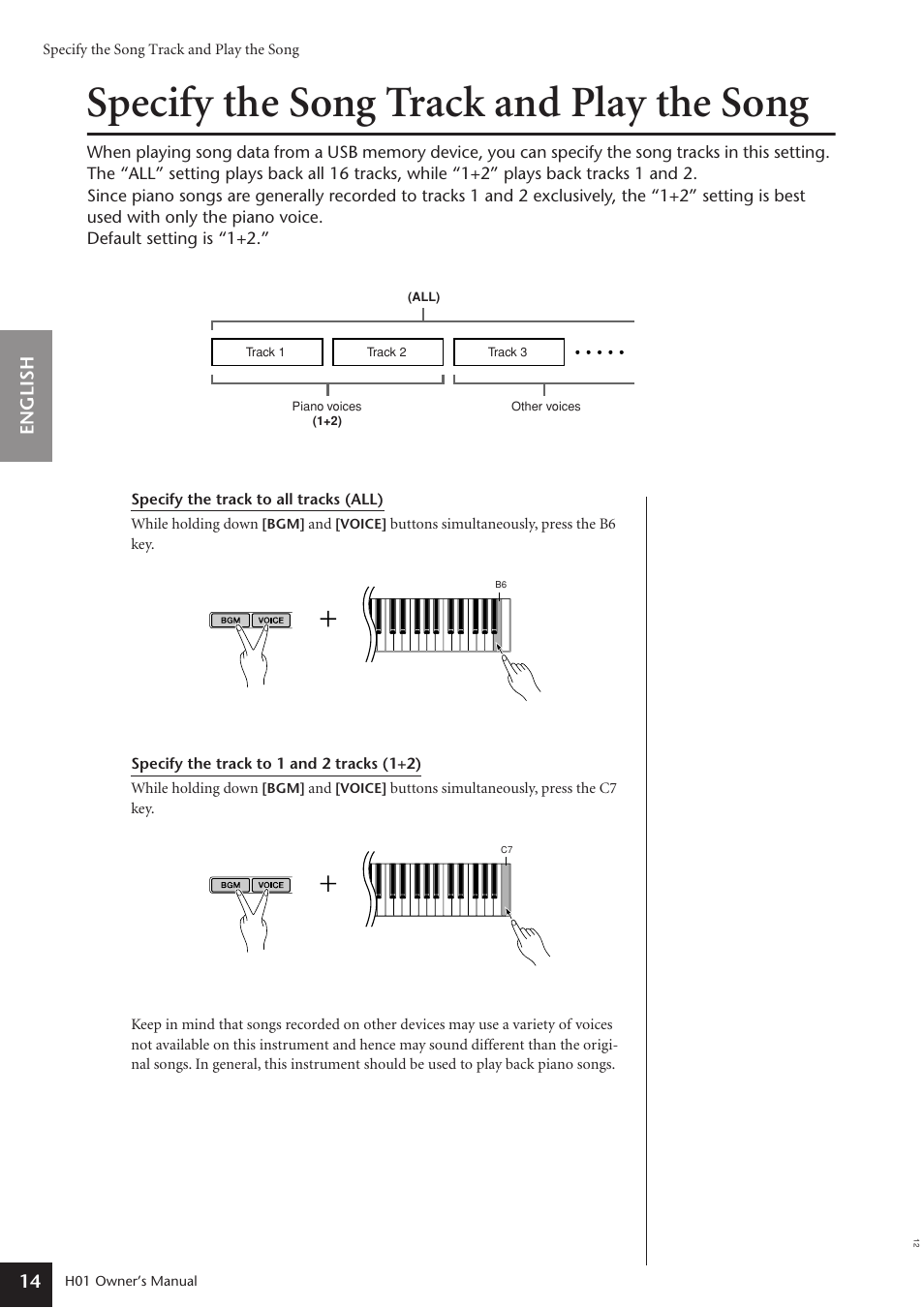 Specify the song track and play the song, English 14 | Yamaha H01 User Manual | Page 14 / 30