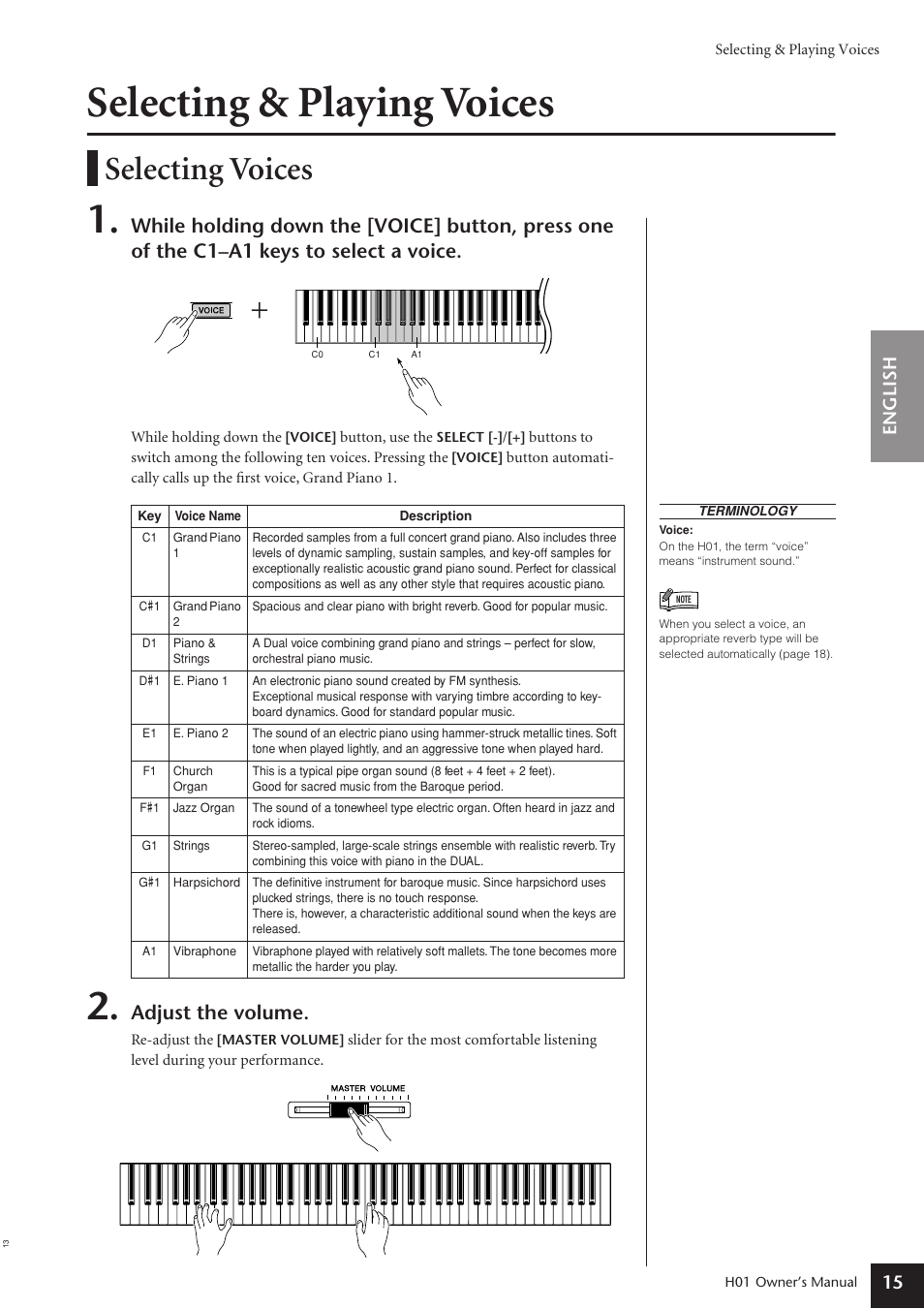 Selecting & playing voices, Selecting voices, Adjust the volume | English 15 | Yamaha H01 User Manual | Page 15 / 30