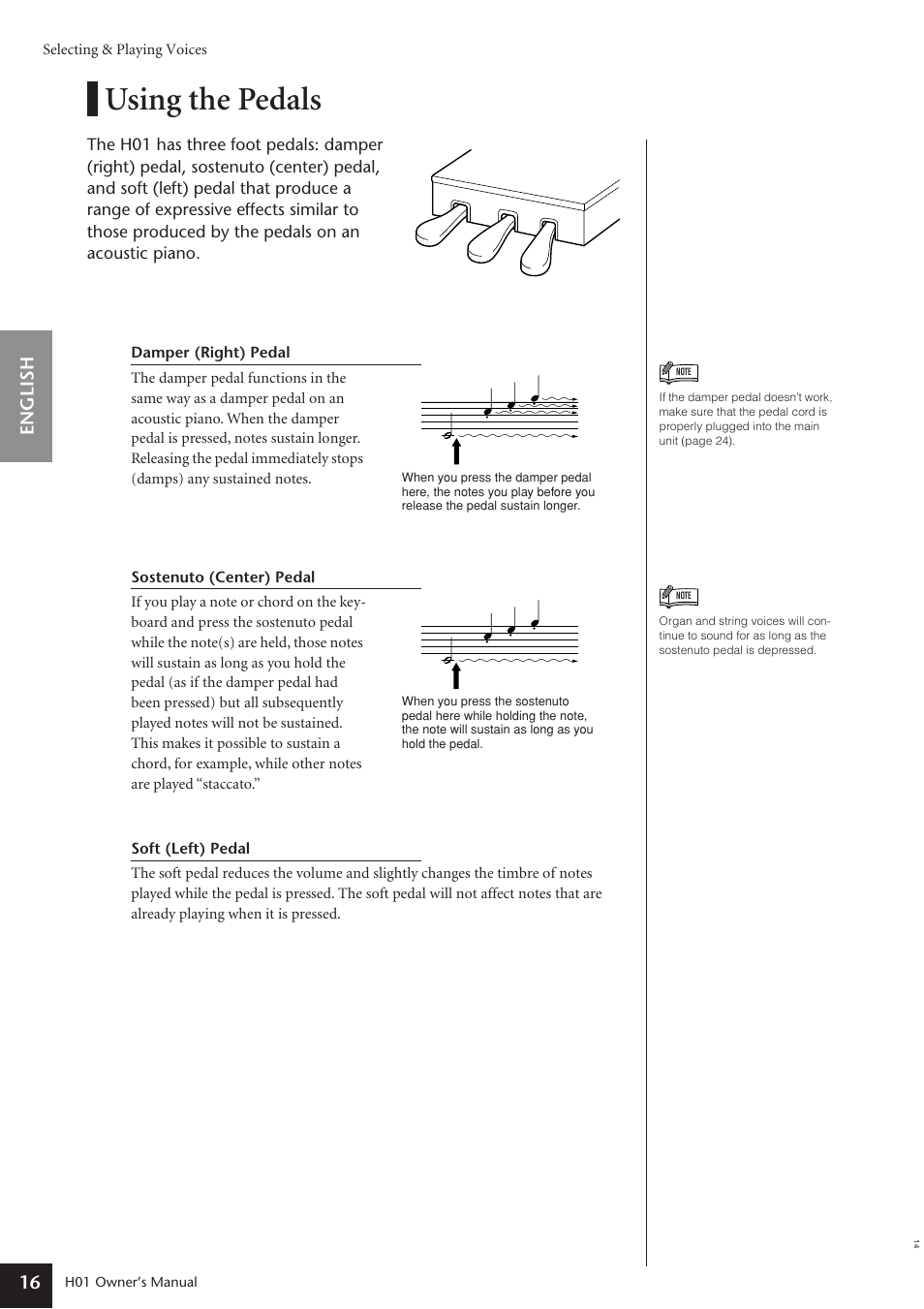 Using the pedals, English 16 | Yamaha H01 User Manual | Page 16 / 30