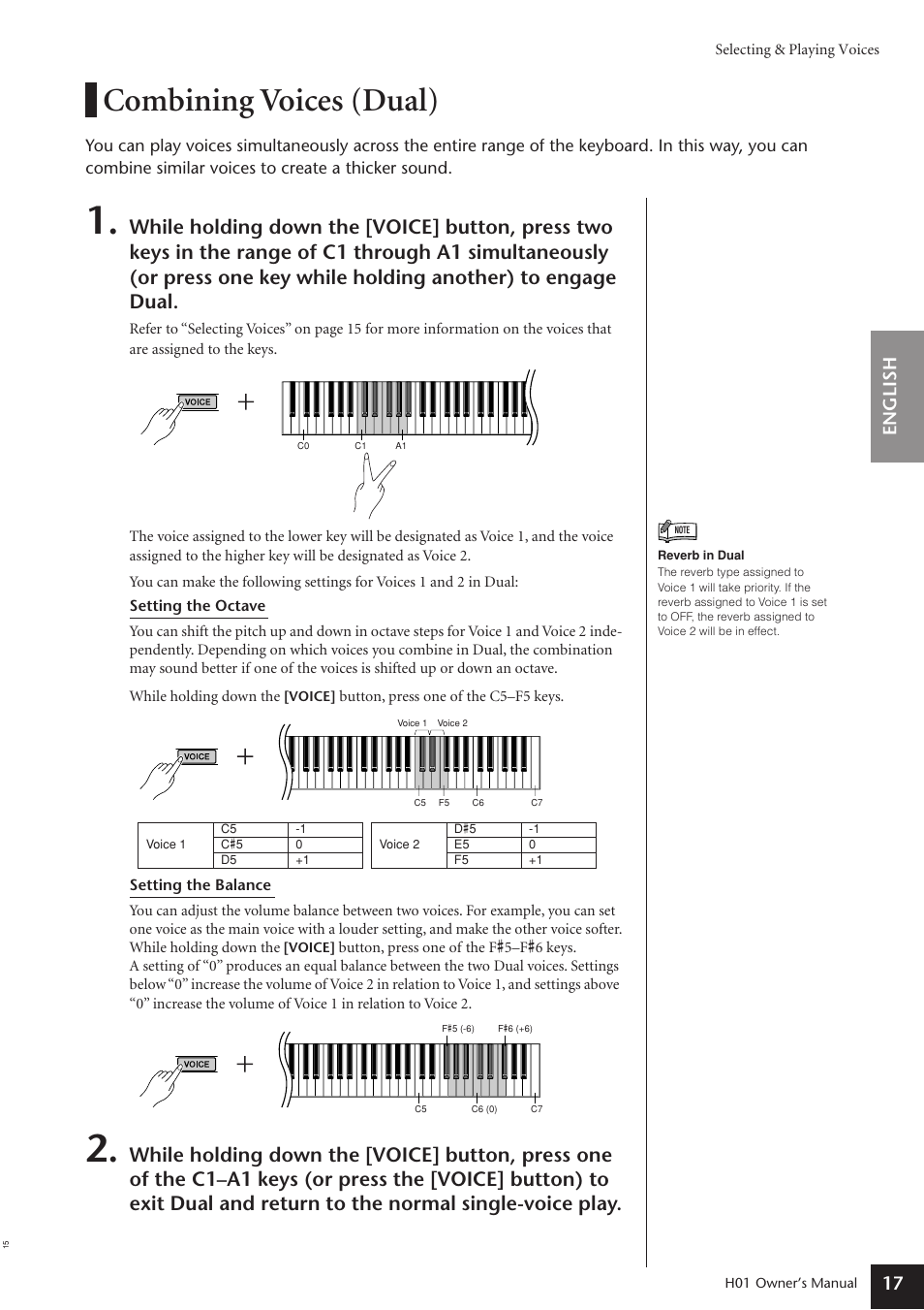 Combining voices (dual), English 17 | Yamaha H01 User Manual | Page 17 / 30