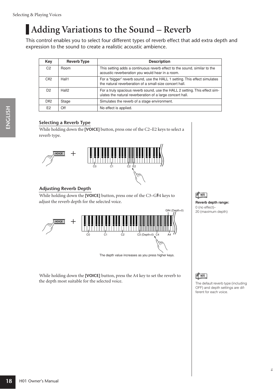 Adding variations to the sound - reverb, Adding variations to the sound – reverb, English 18 | Yamaha H01 User Manual | Page 18 / 30