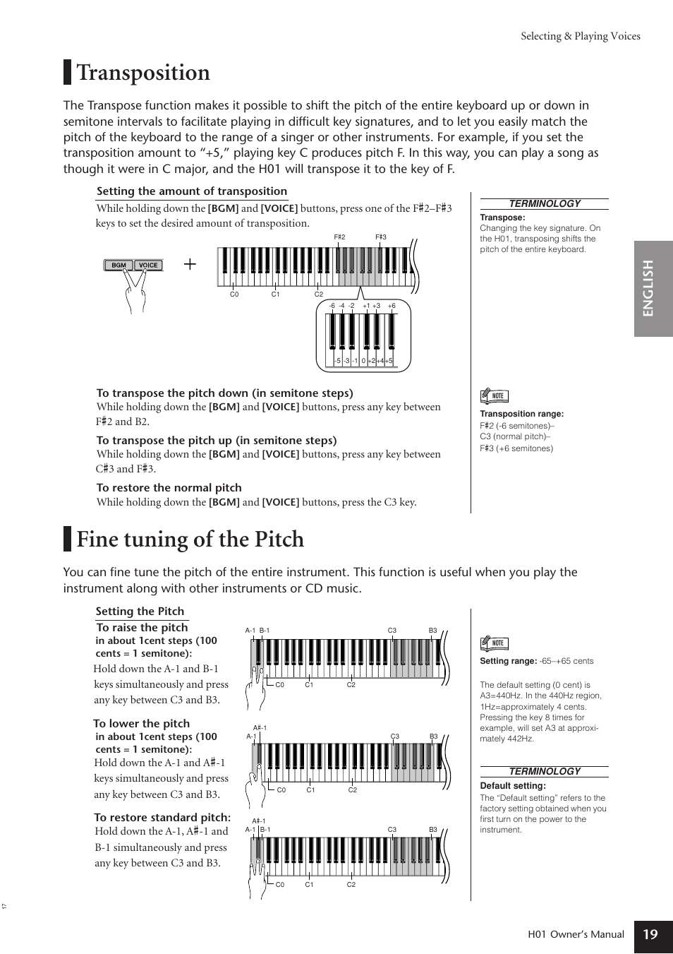 Transposition, Fine tuning of the pitch, Transposition fine tuning of the pitch | English 19 | Yamaha H01 User Manual | Page 19 / 30