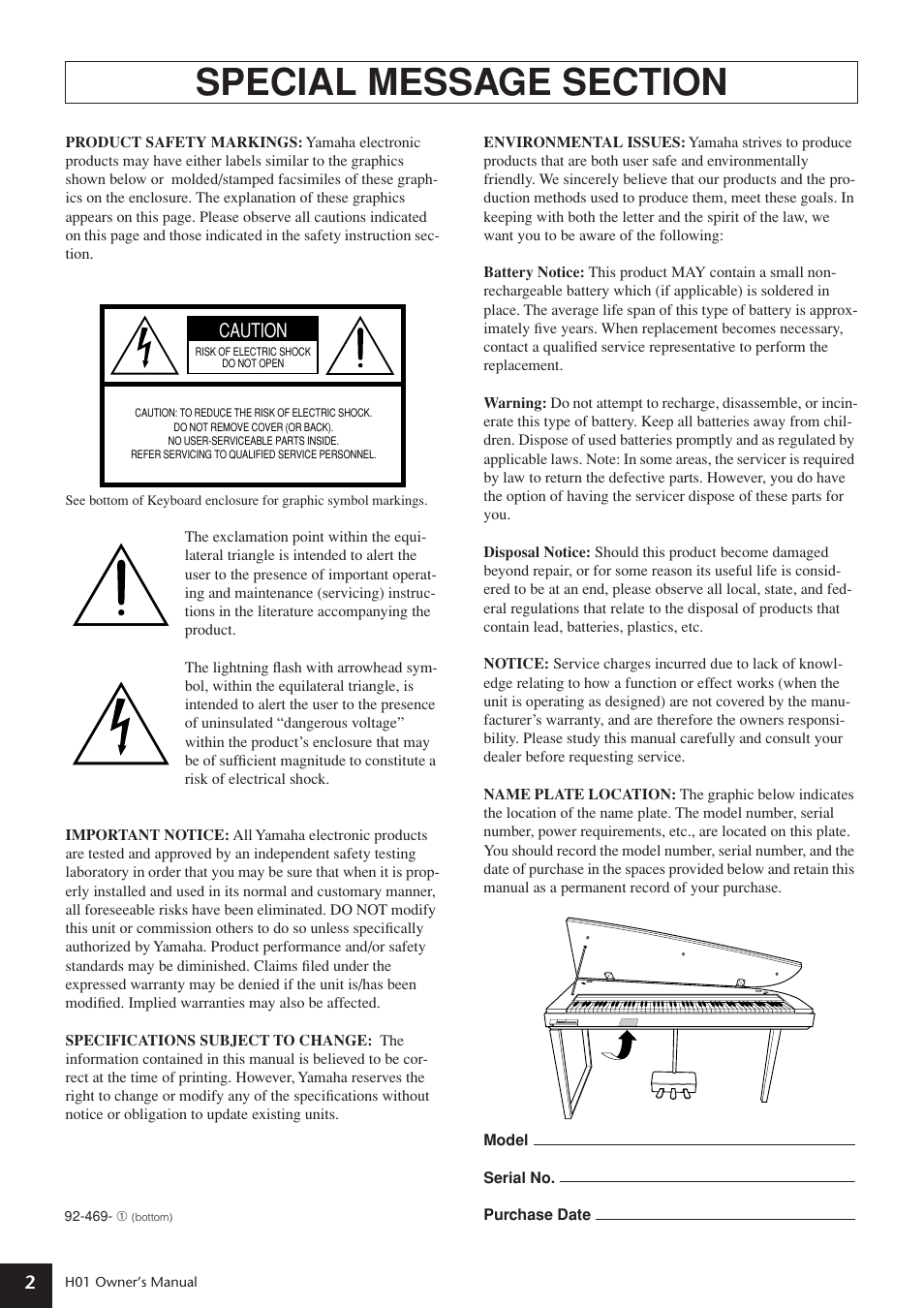 Caution | Yamaha H01 User Manual | Page 2 / 30