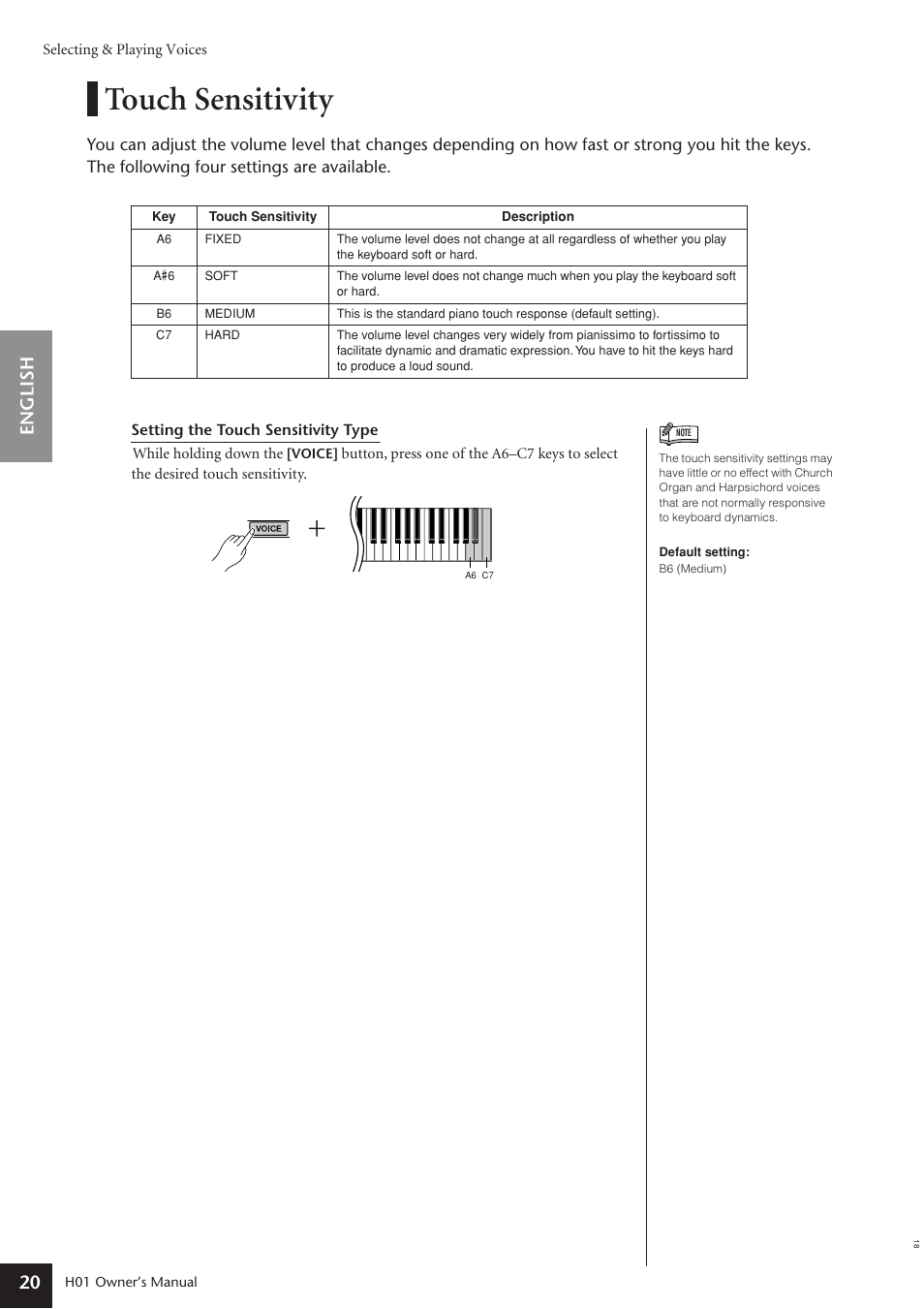 Touch sensitivity, English 20 | Yamaha H01 User Manual | Page 20 / 30