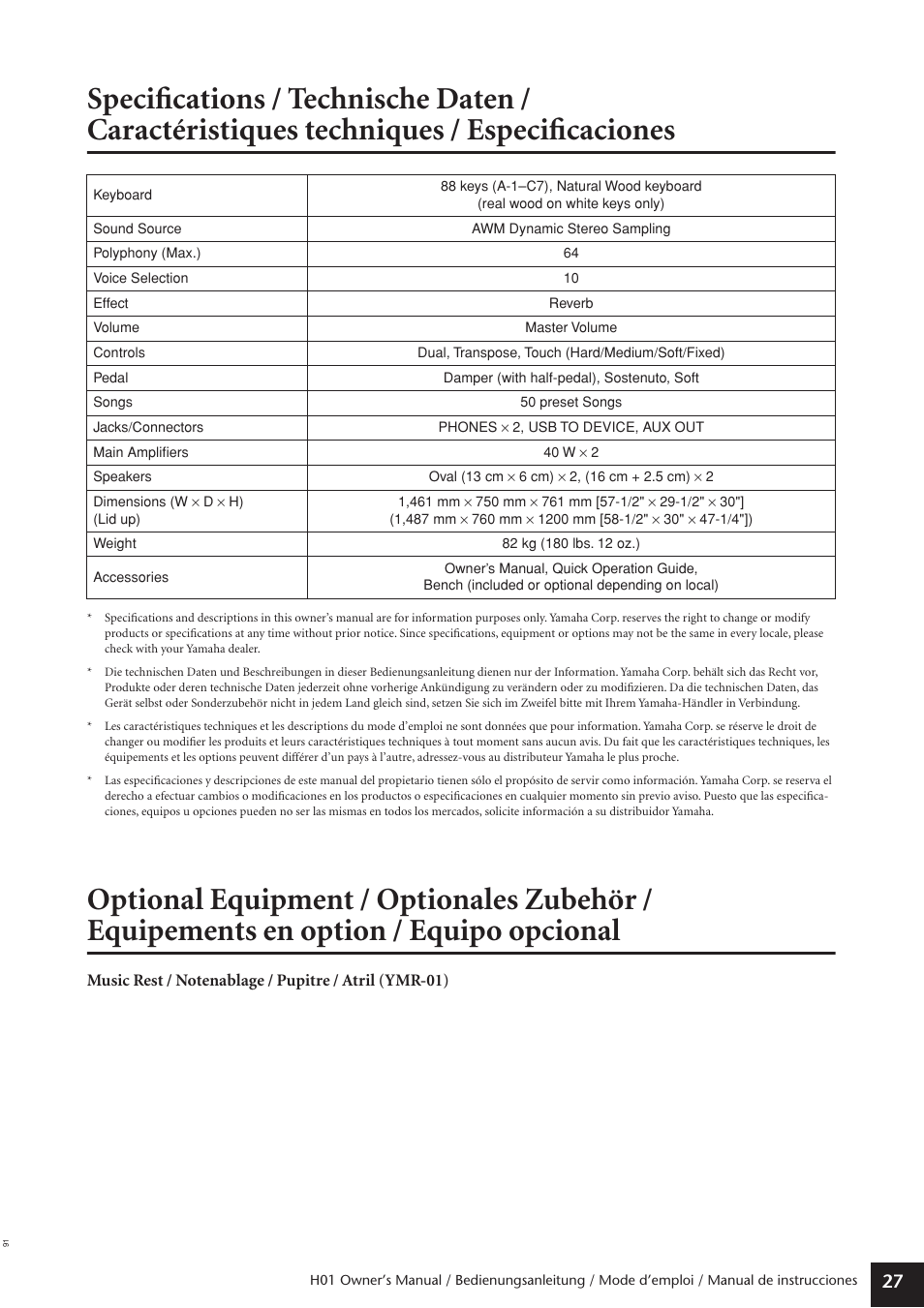 Specifications, Optional equipment | Yamaha H01 User Manual | Page 27 / 30