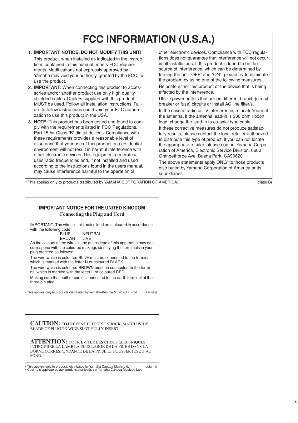 Fcc information (u.s.a.), Caution, Attention | Yamaha H01 User Manual | Page 28 / 30