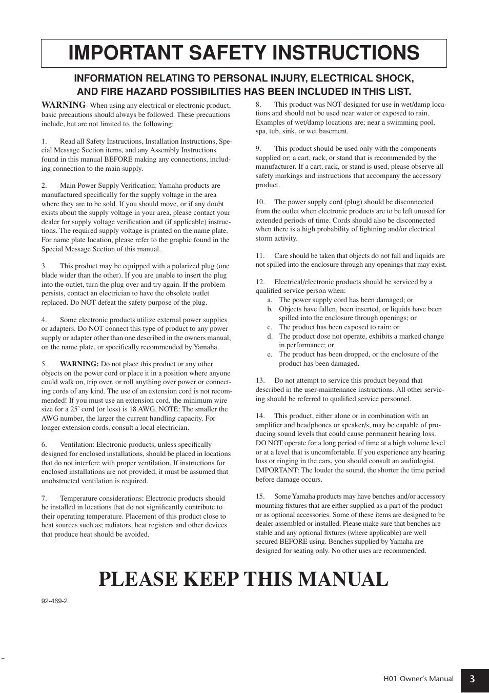 Please keep this manual, Important safety instructions | Yamaha H01 User Manual | Page 3 / 30