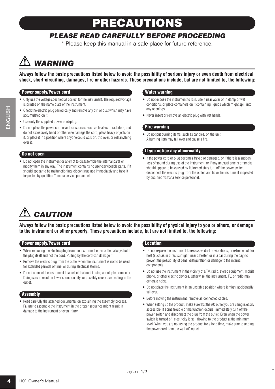 Precautions, Warning, Caution | Please read carefully before proceeding, English 4 | Yamaha H01 User Manual | Page 4 / 30