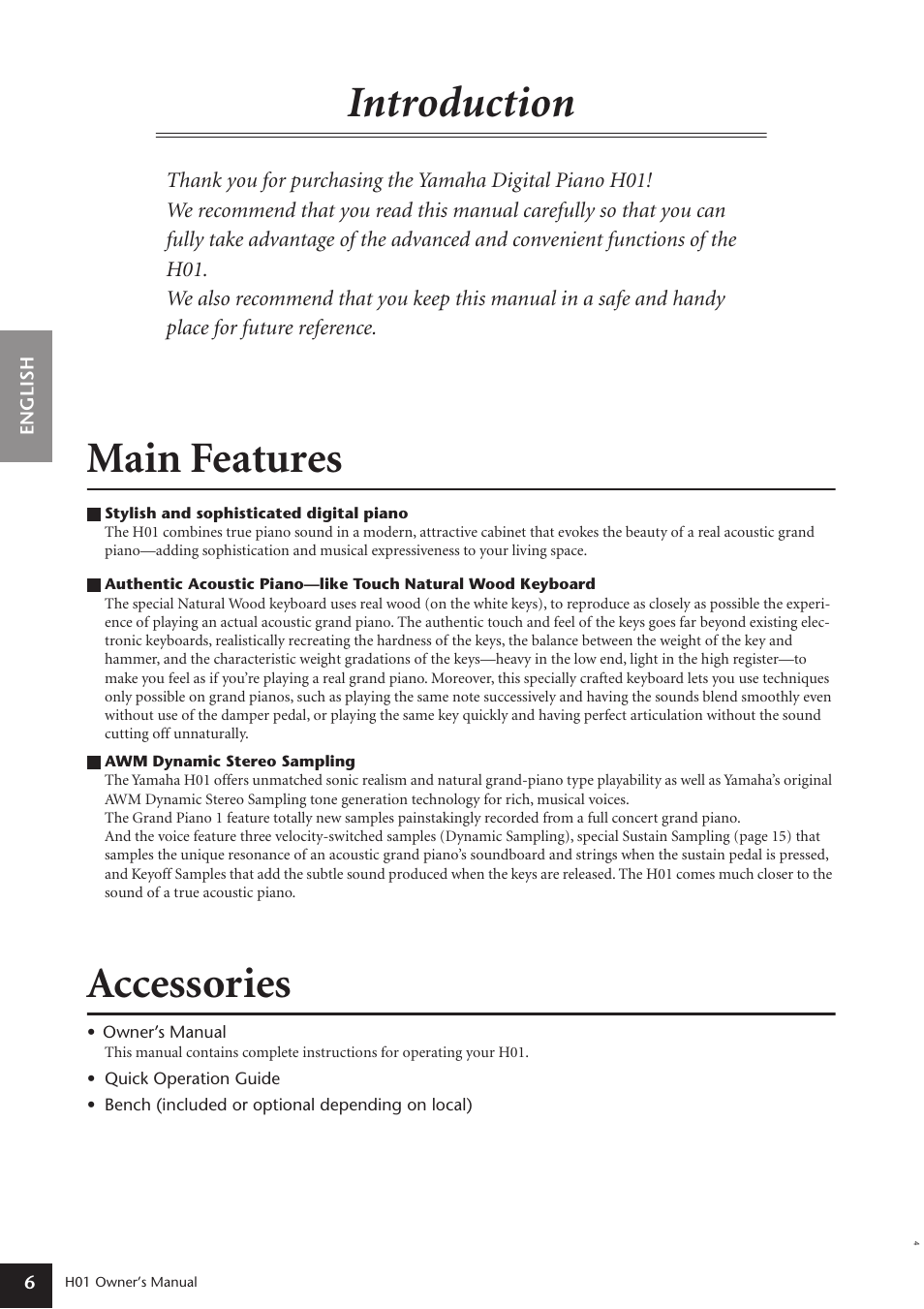 Introduction, Main features, Accessories | Yamaha H01 User Manual | Page 6 / 30