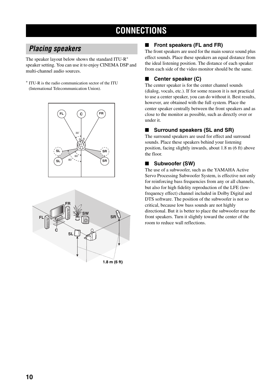 Connections, Placing speakers | Yamaha RX-V359 User Manual | Page 14 / 74