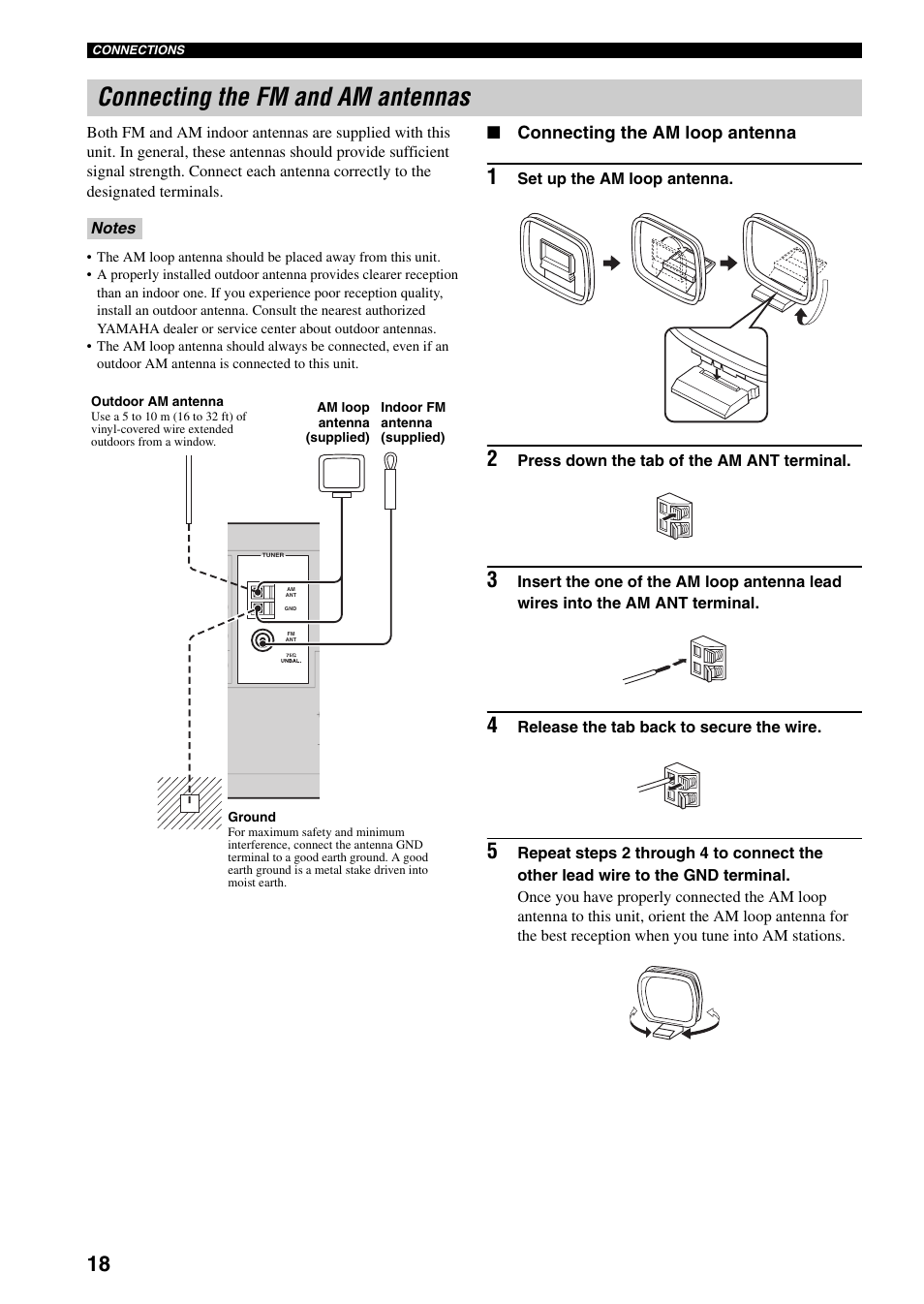 Connecting the fm and am antennas, Connecting the am loop antenna | Yamaha RX-V359 User Manual | Page 22 / 74