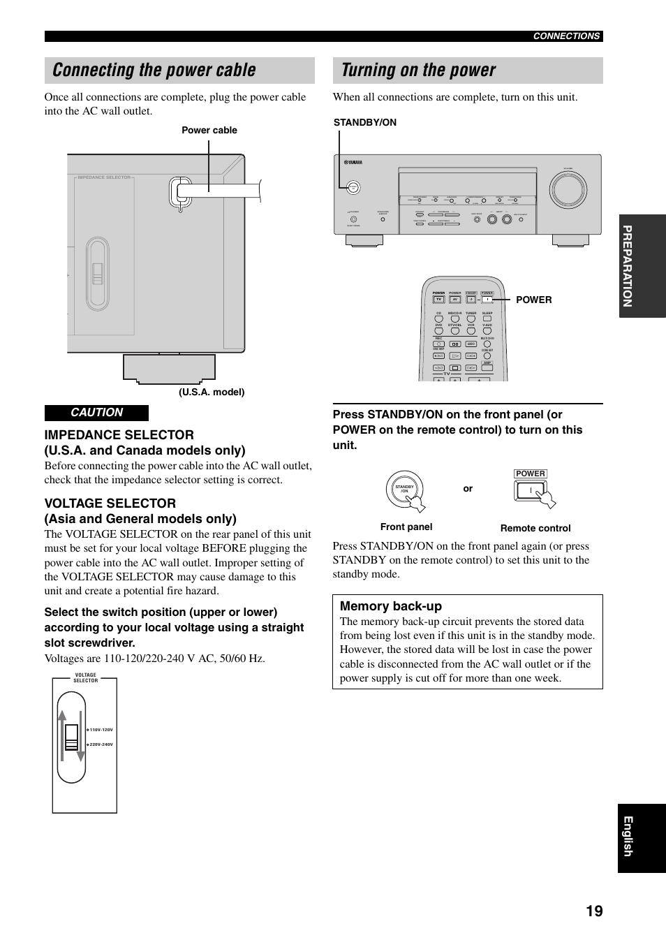 Connecting the power cable, Turning on the power, Connecting the power cable turning on the power | Impedance selector (u.s.a. and canada models only), Voltage selector (asia and general models only), Caution, Next auto/man'l man'l/auto fm, Effect, Edit, Set menu search mode xm category display | Yamaha RX-V359 User Manual | Page 23 / 74