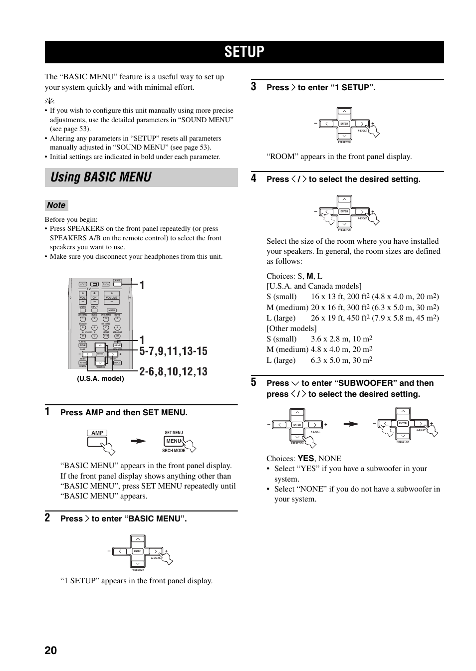 Setup, Using basic menu | Yamaha RX-V359 User Manual | Page 24 / 74