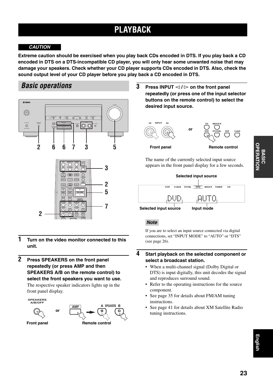 Playback, Basic operations, Dvd auto | Turn on the video monitor connected to this unit, Caution, Next auto/man'l man'l/auto fm, Effect, Edit, Set menu search mode xm category display | Yamaha RX-V359 User Manual | Page 27 / 74