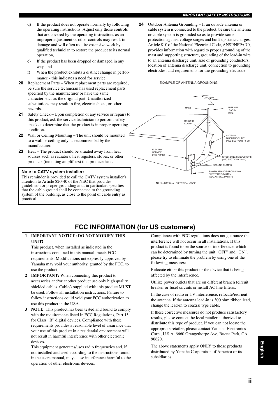 Fcc information (for us customers) | Yamaha RX-V359 User Manual | Page 3 / 74