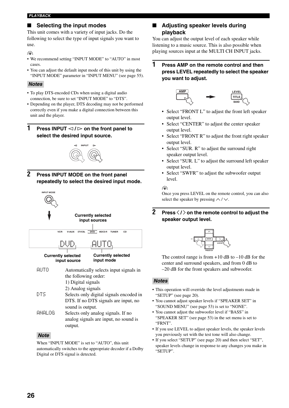Dvd auto, Selecting the input modes, Adjusting speaker levels during playback | Yamaha RX-V359 User Manual | Page 30 / 74