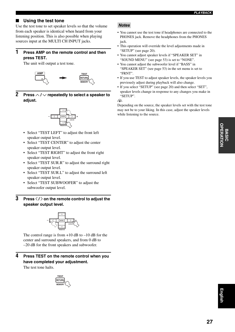 Using the test tone | Yamaha RX-V359 User Manual | Page 31 / 74