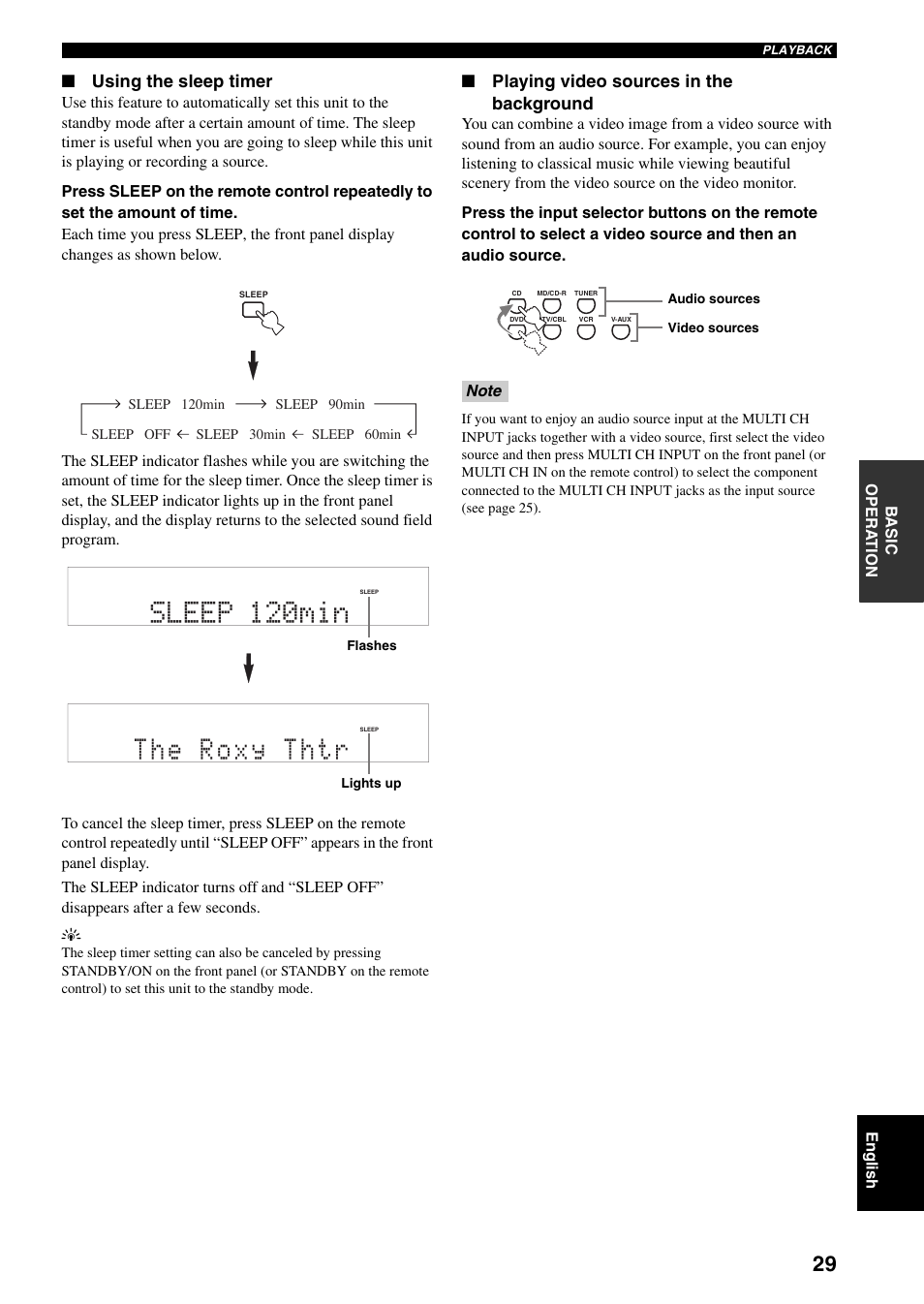 Sleep 120min, The roxy thtr, Using the sleep timer | Playing video sources in the background | Yamaha RX-V359 User Manual | Page 33 / 74